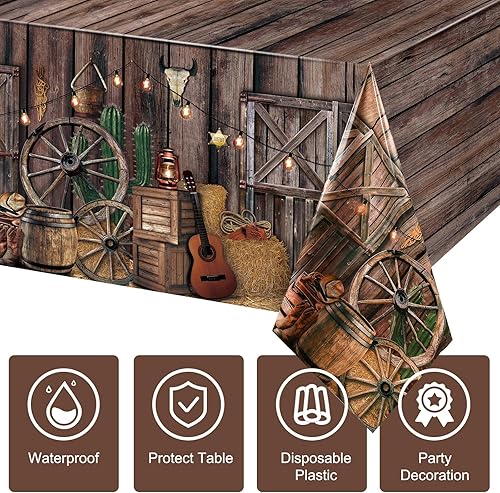 Miniatura 3 de Tiamon Mantel de plástico para fiesta de vaquero occidental, 3 piezas, diseño de vaquero occidental, cubierta de mesa de madera para suministros de