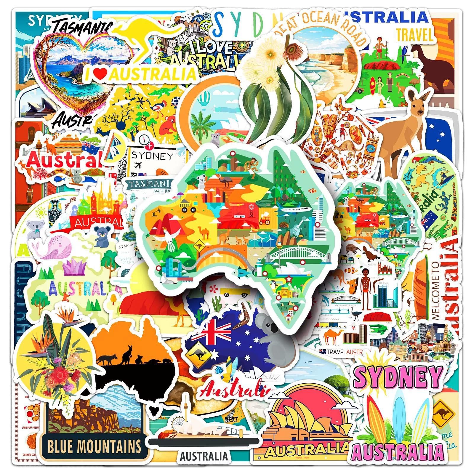 50 Pcs Australia Stickers for Water Bottle Waterproof Sticker for Laptop Skateboard Phone Car Decals for Teens Adults for Party Favors Supplies Decor (Australia Stickers)