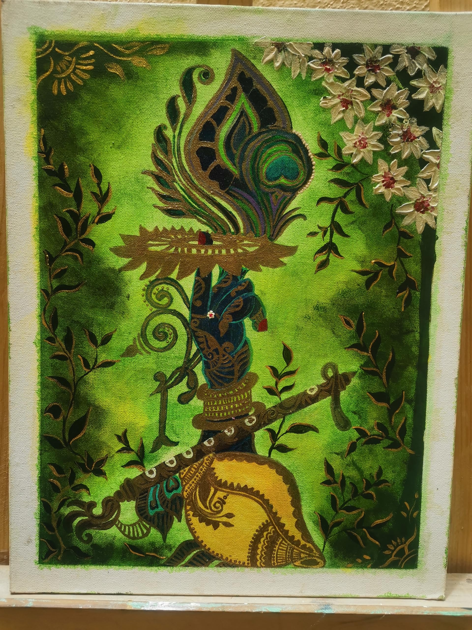 Lord Krishna Canvas Painting, Handmade Acrylic Art with Gold Work | Peacock Feather Motif, Floral Embossed Detail, Green Background, Wall Decor, Indian Traditional Art-picture-37