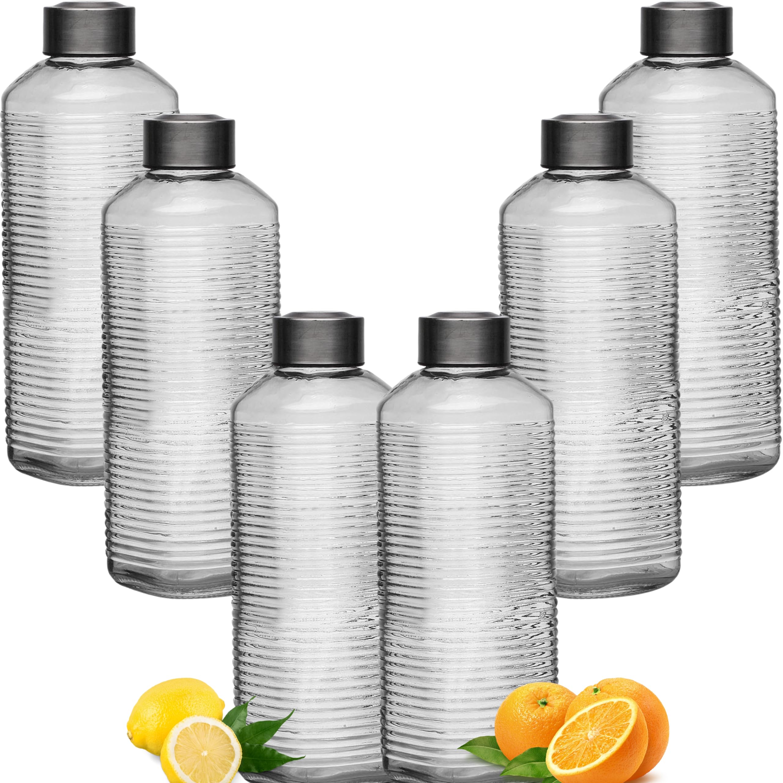 6x Glasflaschen 1 Liter Mit Edelstahldeckel - Blaue Wasserkaraffen