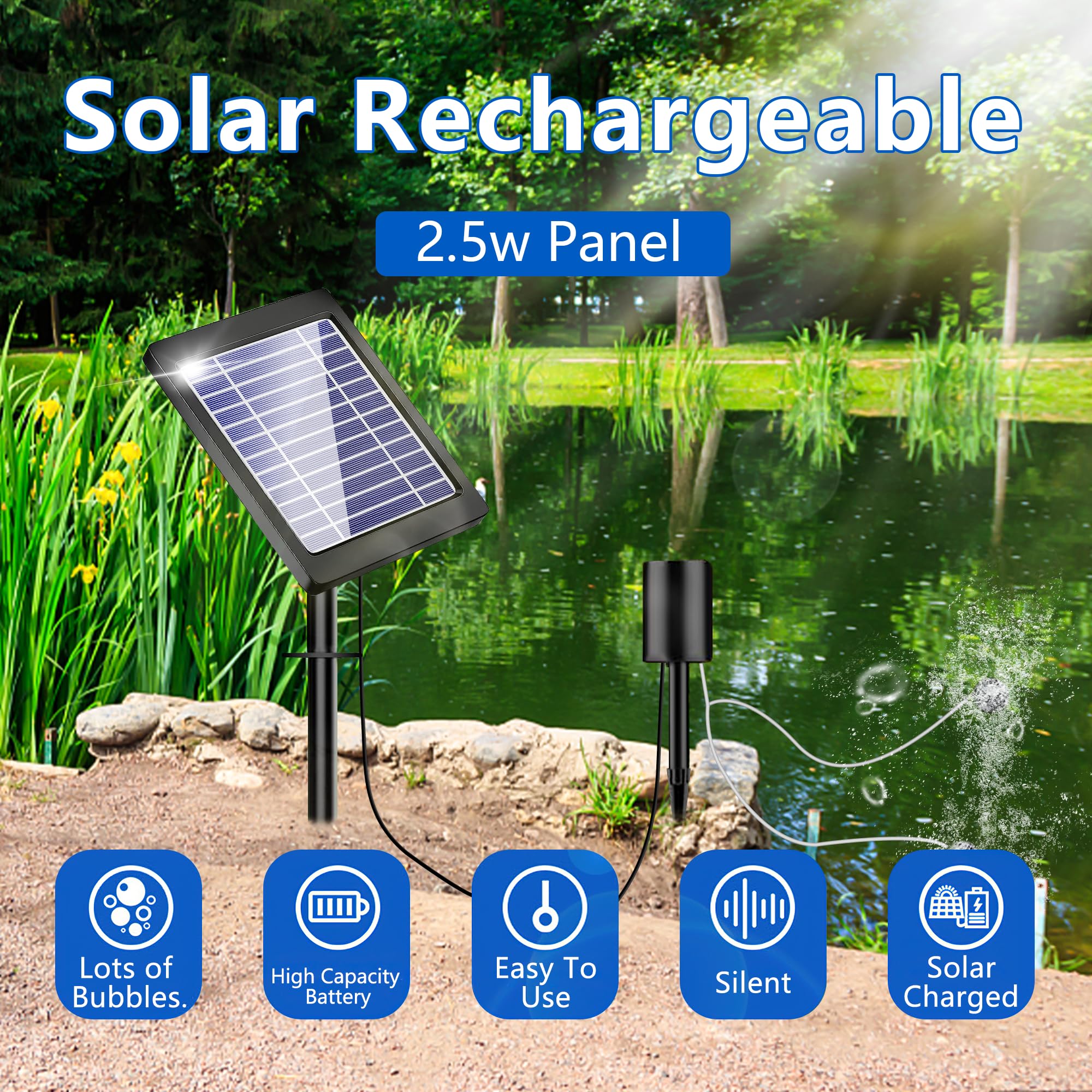 FLOWood Solarny napowietrzacz stawu, 4 W, 3 tryby pracy, pompa tlenowa do stawu z akumulatorem 2200 mAh, 54 l/h, 2 w 1, solarny napowietrzacz stawu z rurą tlenową i kamieniem pęcherzykowym do
