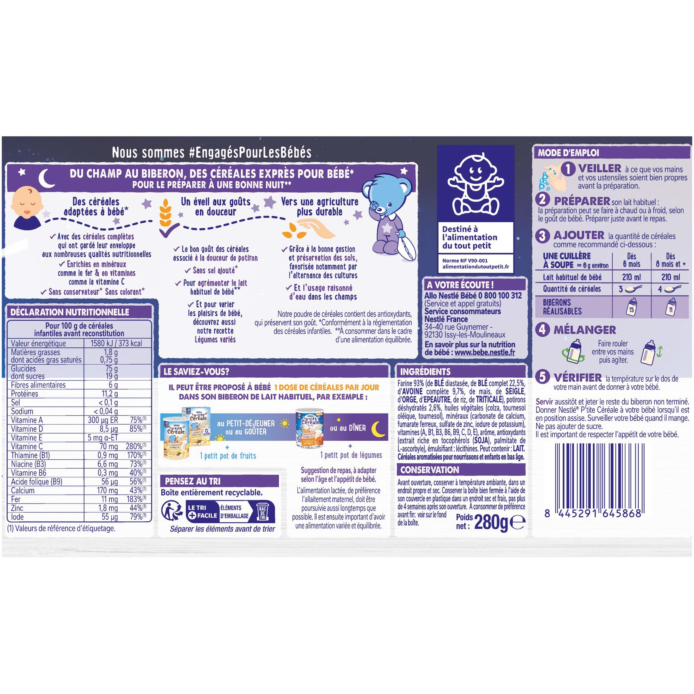 NESTLÉ BÉBÉ - P'TITE CÉRÉALE DU SOIR DOUCEUR DE POTIRON - DÈS 6 MOIS - BOÎTE DE 280G