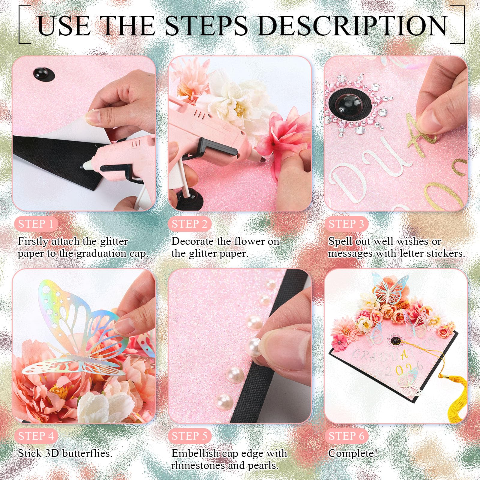 Wavwavw 44 piezas de decoración de gorra de graduación, kit de accesorios rosas con flores artificiales 3D, calcomanías de mariposa 3D, calcomanías de perlas de diamantes de imitación, calcomanías de
