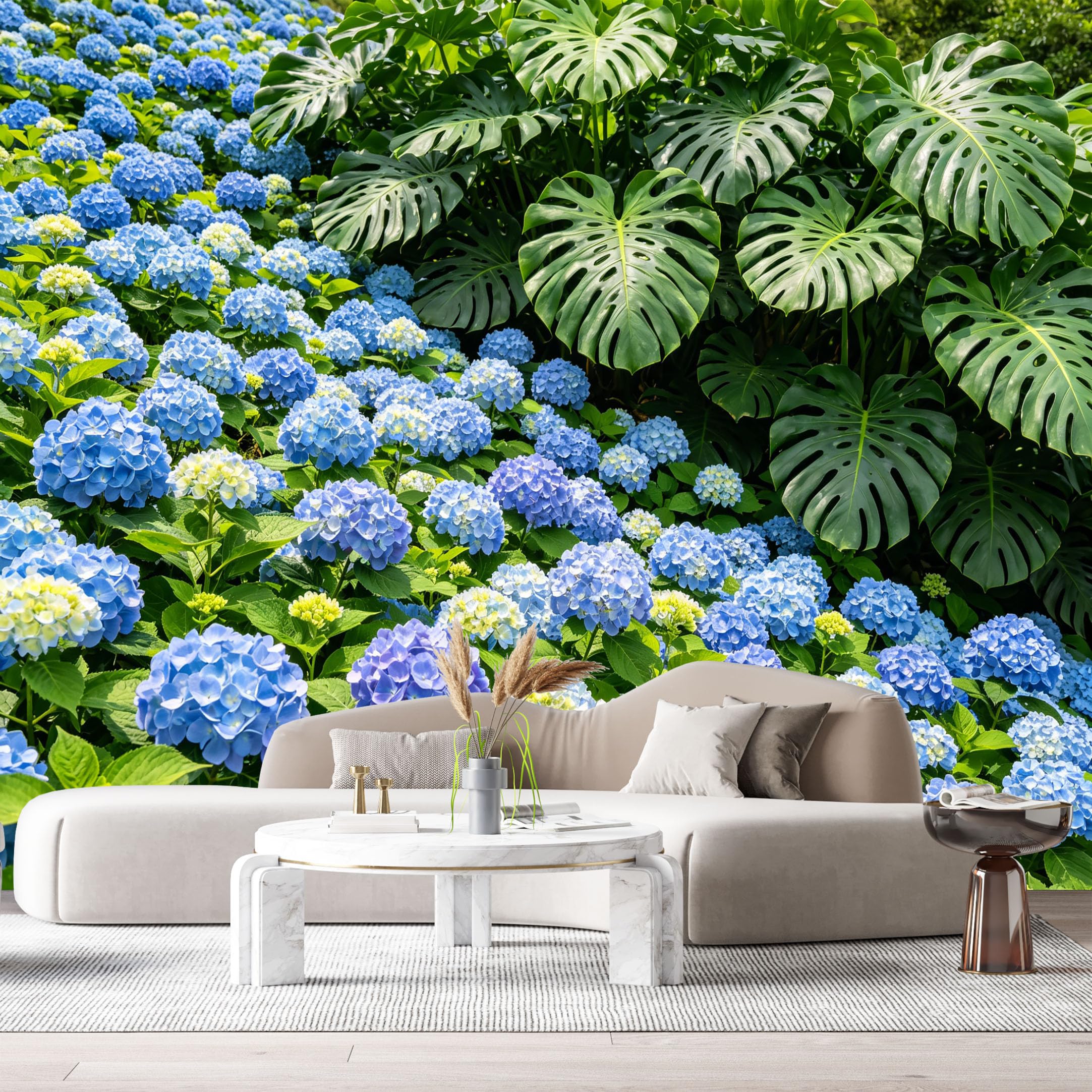 Custom Size Wall Murals Blue Hydrangea Botanical Tropical Monstera Leaves Watercolor SelfAdhesive Wall Fabric Removable Large Wallpaper for Photo Living Room