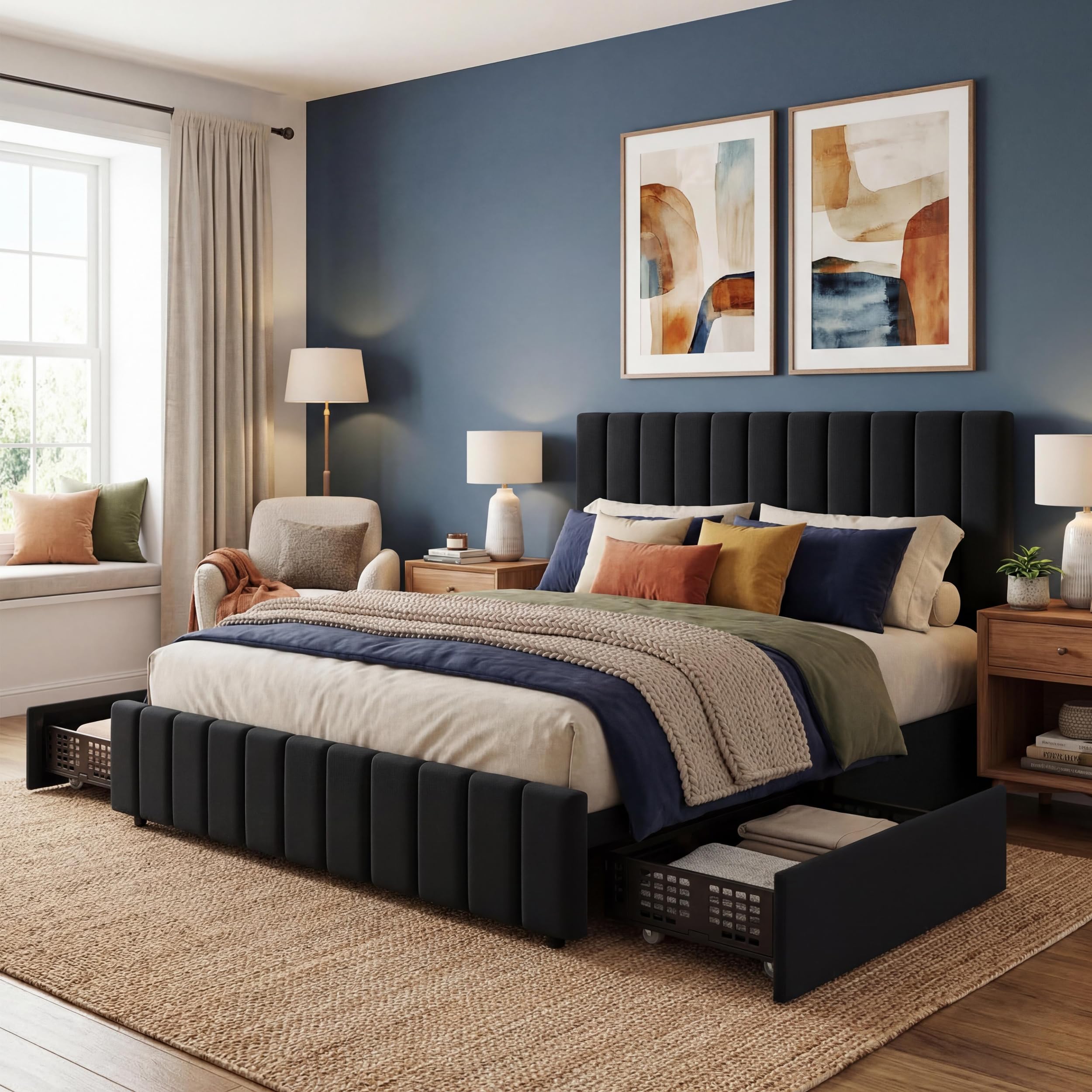 IDEALHOUSE Queen Size Bed Frame with 4 Storage Drawers, Linen Upholstered Platform Bed Frame, Adjustable Height Headboard, No Box Spring Needed, Easy to Assembly, Black