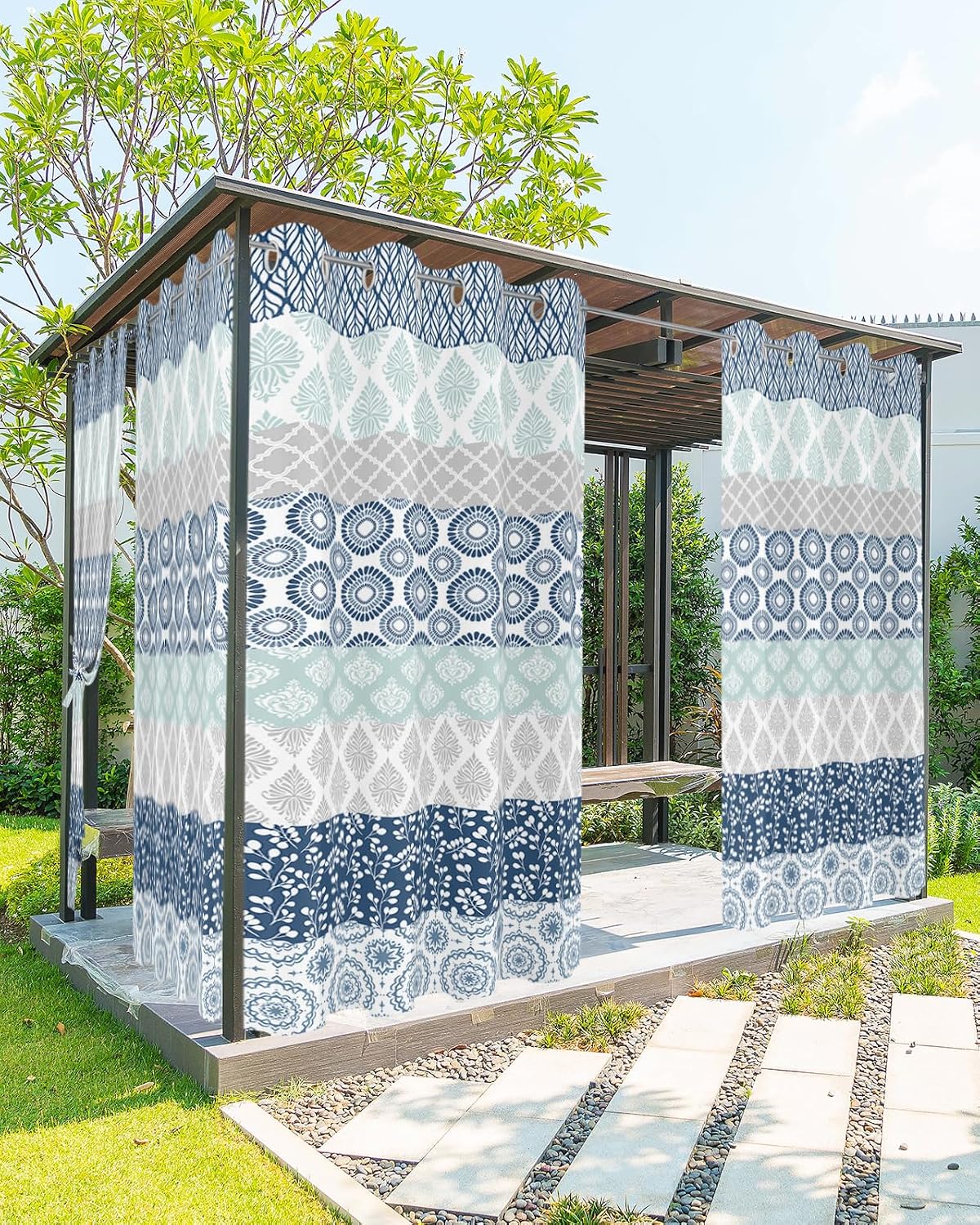 Striped Outdoor Curtains for Patio Waterproof Geometric Bohemia Stripes Gray White and Blue Grommet Privacy Sun Blocking Outsides Weighted Curtain for Gazebo Porch Pergola Cabana, 54”W x 108”L,2 panel