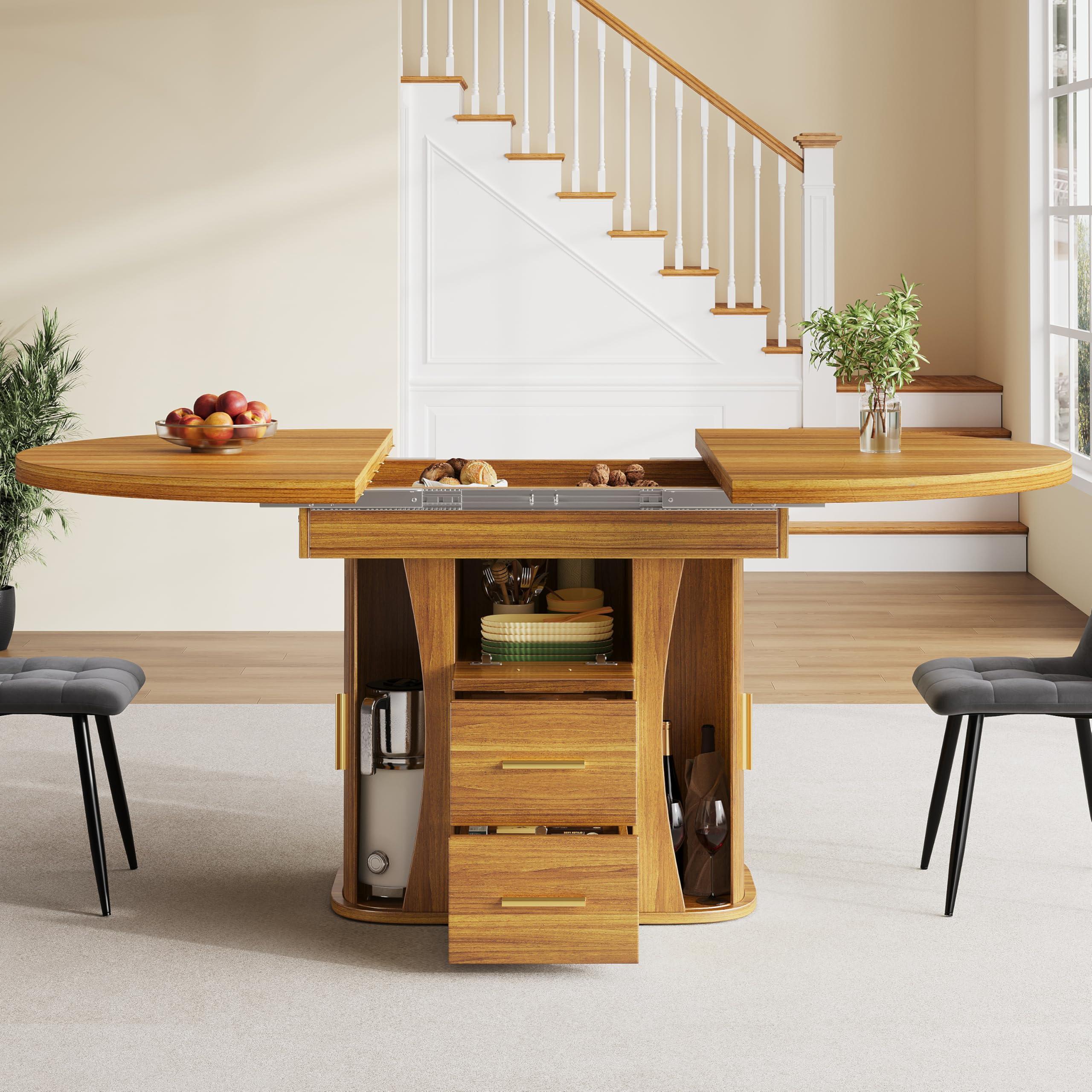 Table à Manger Extensible 118-158 cm, Table Ronde Salle Manger avec 2 Tiroirs, 3 Compartiments de Rangement, Table de Cuisine pour 6 Personnes, pour Cuisine Salon et Bureau, Finition Noyer