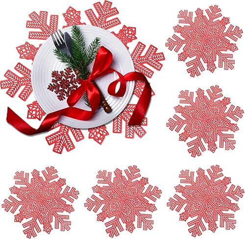 Juego de 6 manteles individuales de copo de nieve, decoración de Rouhuhura de Navidad, manteles individuales de copo de nieve, diseño hueco,