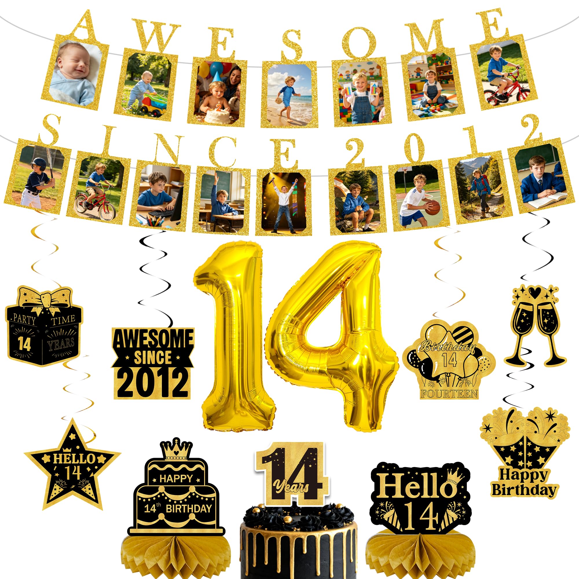 Happy 14th Birthday Banner Decorations, Gold Photo Banners Set