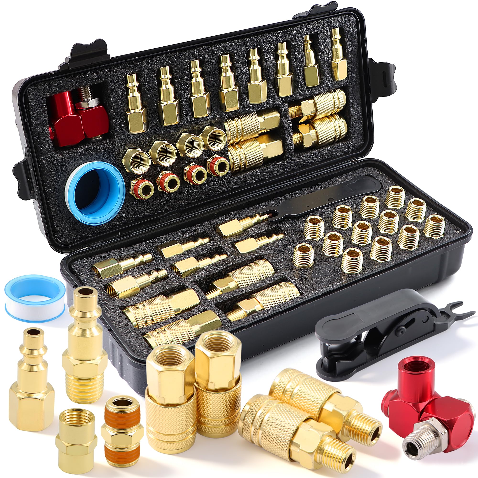 Juego de 48 accesorios de aire de conexión rápida de latón NPT de 1/4 pulgadas, juego de acopladores y tapones neumáticos de grado industrial con sellos NBR y cinta de teflón, 300 PSI, resistente a la