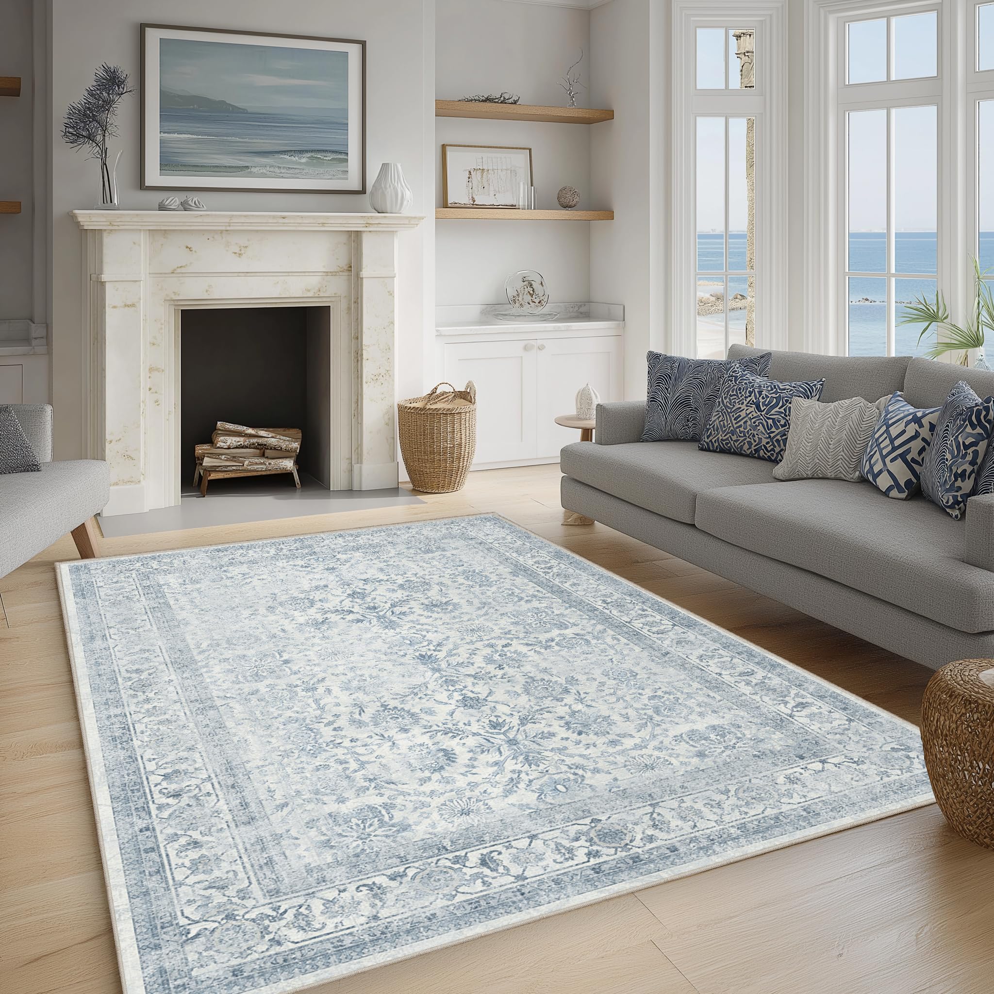 Beauoop Washable Area Rug Blue Neutral Vintage 120x170 cm Non Slip Low Pile Traditional Indoor Carpet for Living Room Bedroom Soft Retro Mat Throw Rug for Dining Office Kitchen Dorm Entryway