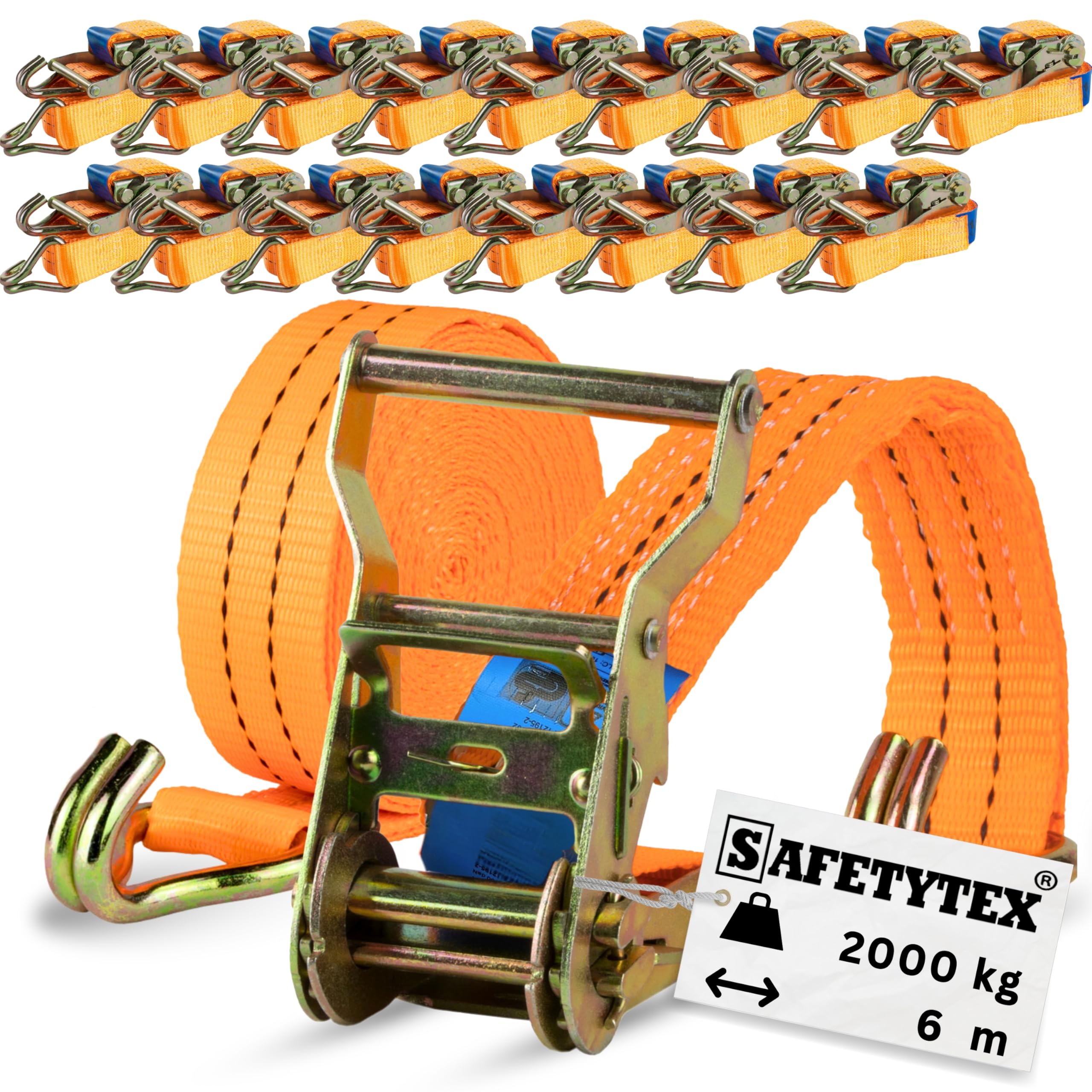 Safetytex Spanngurte mit Ratsche und Haken 2000 kg - 6 Meter - 35mm Zweiteilig - Zurrgurt - Ratschengurt - Hochwertiges Polyester - Sicherer Transport & zuverlässige Ladungssicherung (20 Stück)