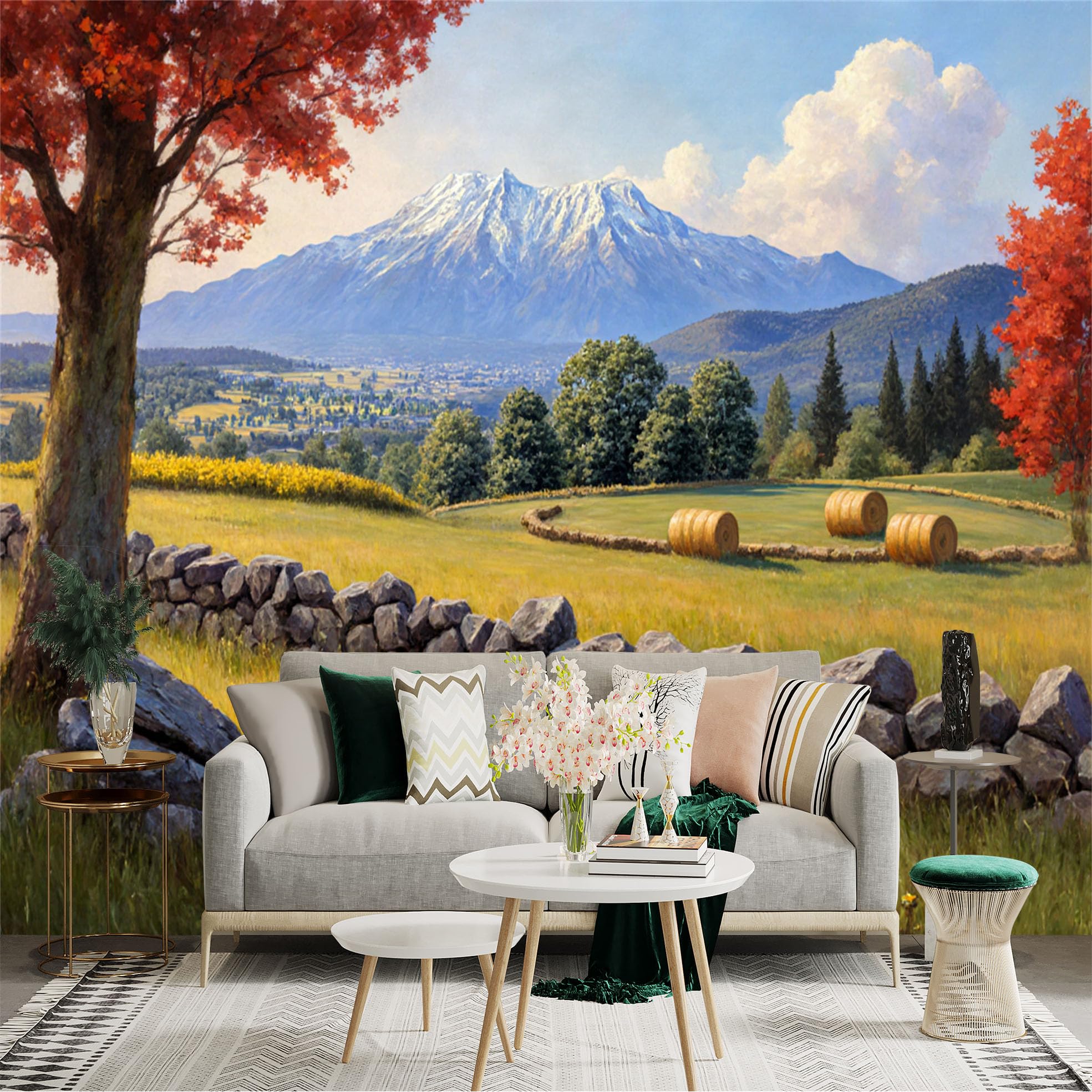 Custom Size Wall Sticker Mural， Autumn Landscape with Snowy Mountain， Golden Meadow and Stone Wall， for wall Decoration， peelandstick wall Decals.