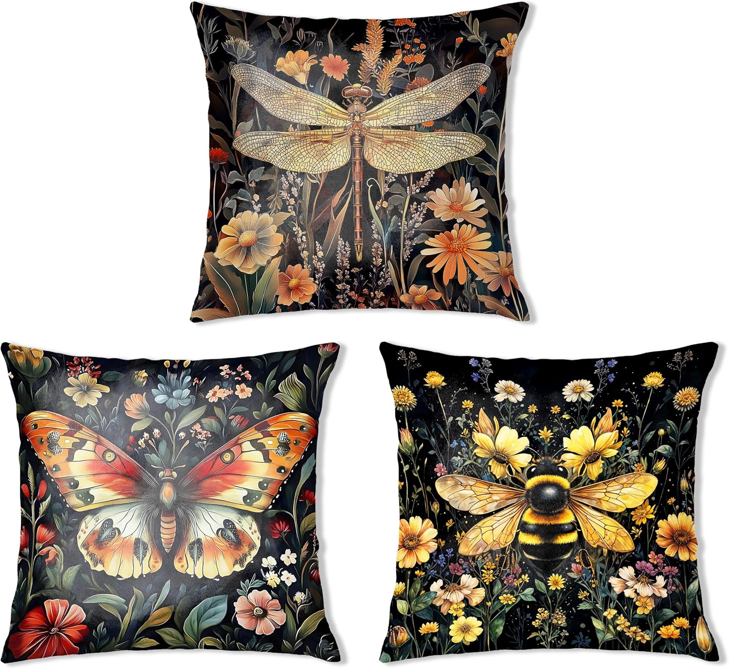 Vintage Dark Dragonfly Bee Butterfly Pillow Covers 18x18 Double-Sided Set of 3,Insect Gifts for Women,Vintage Dark Cottagecore Floral Botanical Insects Decorative Throw Pillow Covers for Home