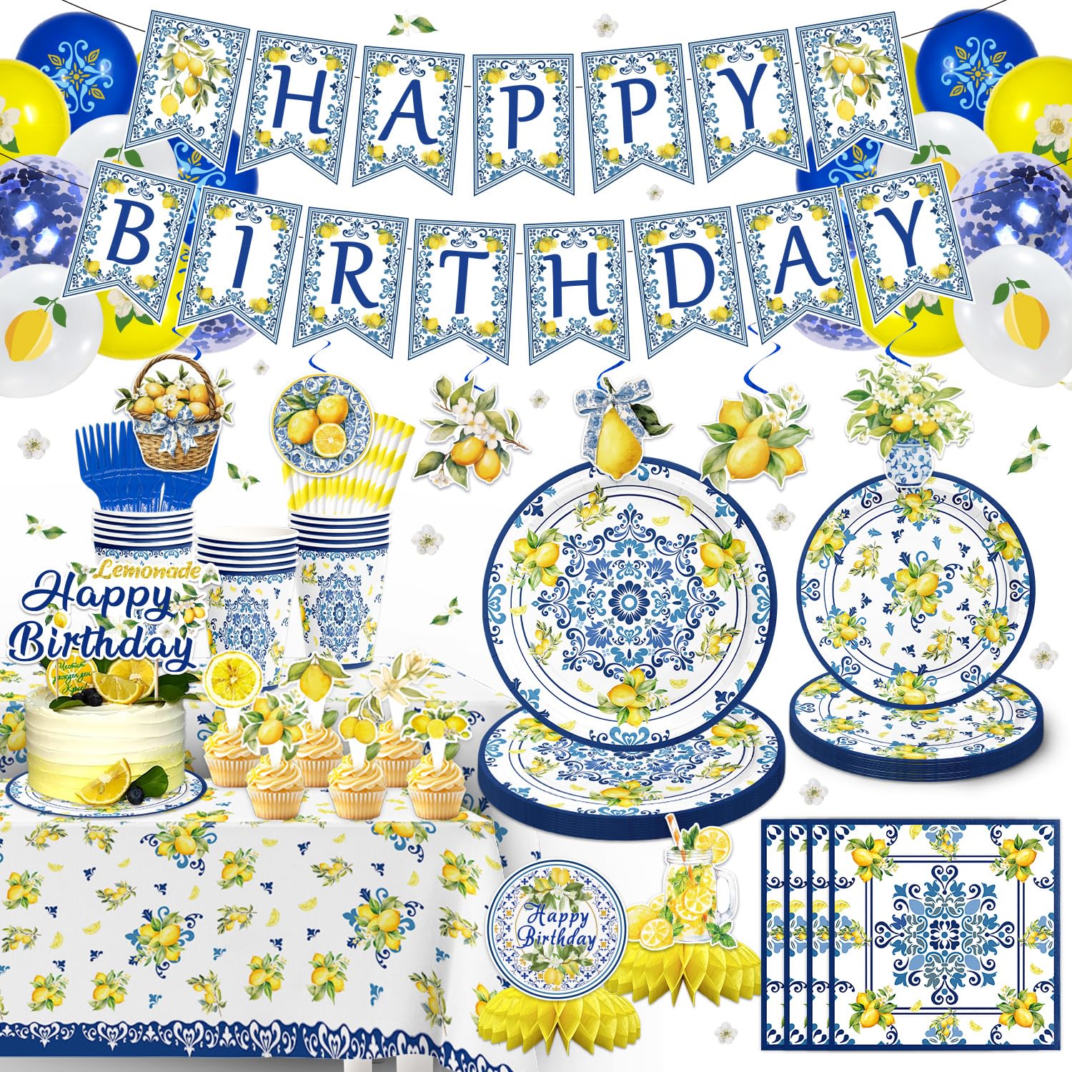 188PCS Capri Lemon Party Supplies Blue Tiles Yellow Birthday Decorations Amalfi Coast Lemon Summer Citrus Mediterranean Plates Napkins Set Banner