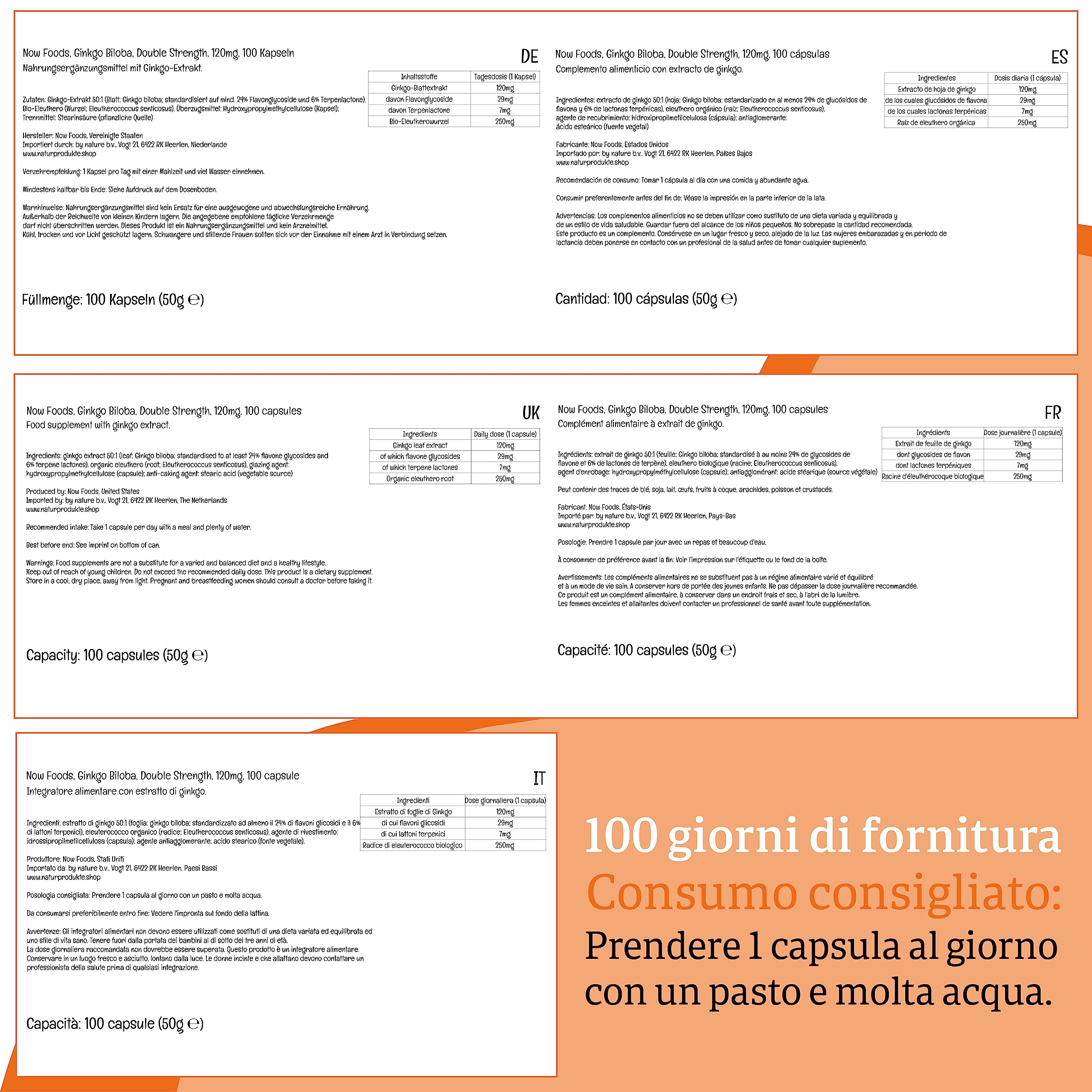 Now Foods, Double Strength Ginkgo Biloba, 120mg, 100 Capsule vegane, Testato in Laboratorio, Senza Soia, Senza Glutine, Vegetariano, Non-GMO