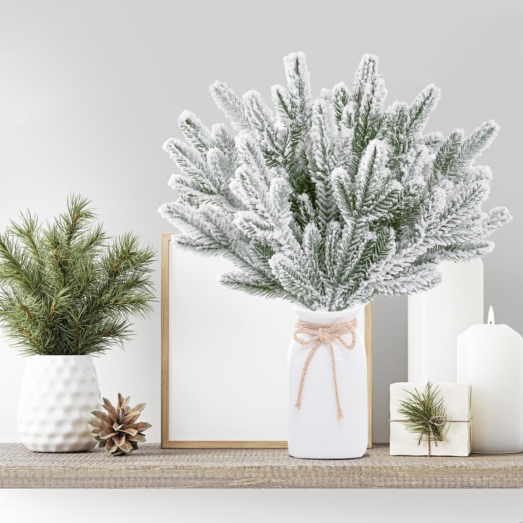 Sggvecsy 30 Pcs Snow Frosted Artificial Pine Branches Christmas Snowy Pine Needles Fake Greenery Pine Spray Picks for DIY Crafts Garland Wreath Xmas Embellishing Home Holiday Decoration