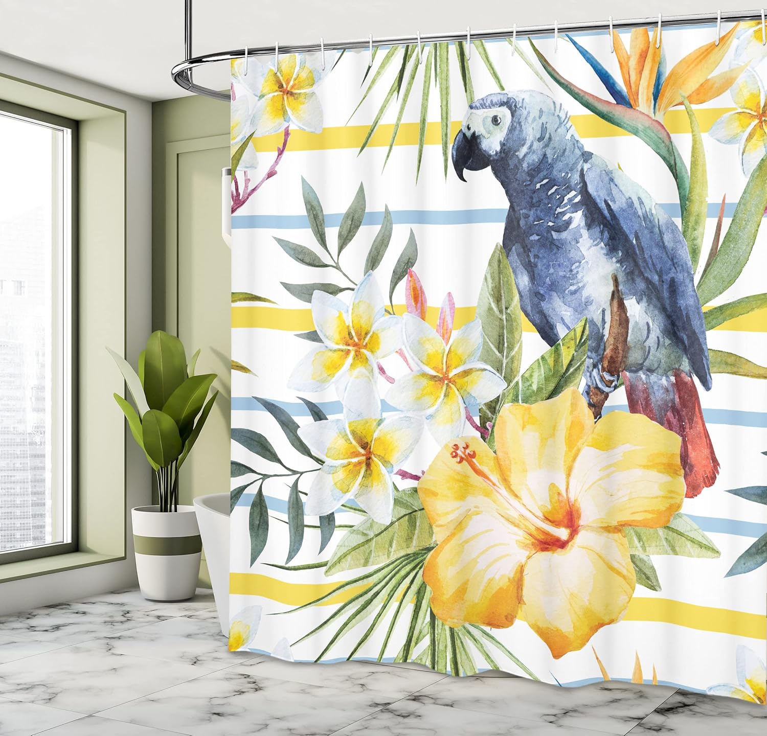 Ambesonne Parrot Shower Curtain, Tropic Pattern Bird Orchids and Hibiscus Flowers Hawaiian Jungle Style Image, Cloth Fabric Bathroom Decor Set with Hooks, 69" W x 84" L, Soft Blue Apricot Yellow