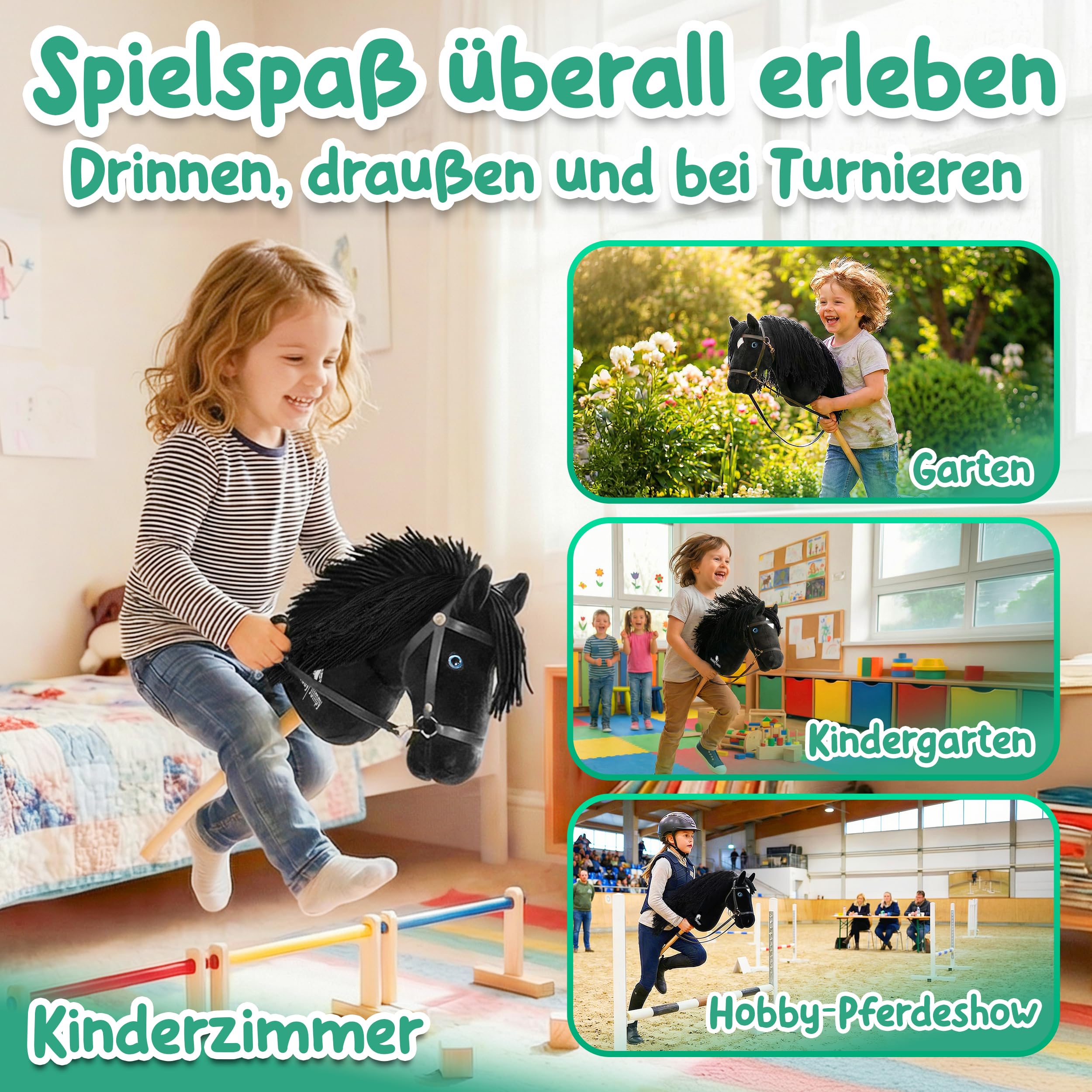 Hobby Horse A3 Steckenpferd mit realistischen Augen und Stall-Geschenkbox – Braun oder Schwarz