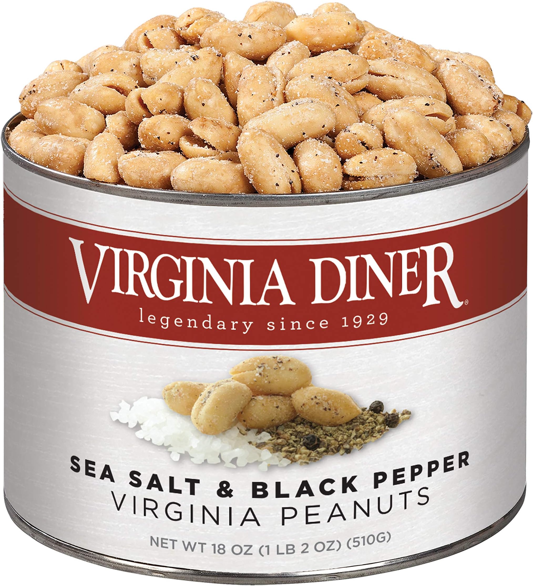 Virginia Diner Sea Salt & Pepper Blister Roasted All Natural Seasoned Virginia Peanuts, Gourmet Nuts in Vacuum Sealed Tin 18 oz (Pack of 1)