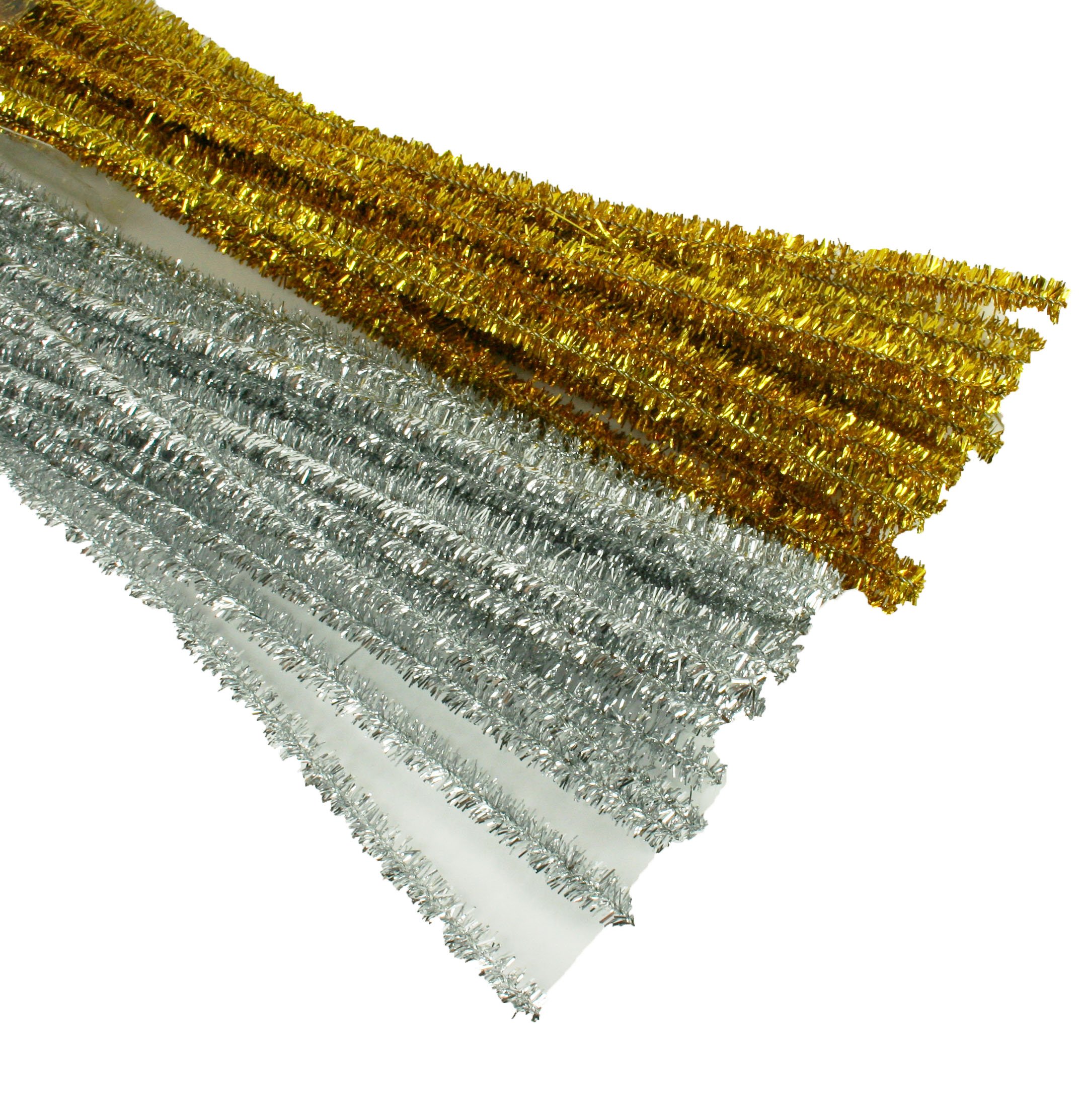 CHRISTMAS Set of 100 Metallic Tinsel Pipe Cleaners for Kids Crafts, Embellishing and Group Projects (Silver, Gold)