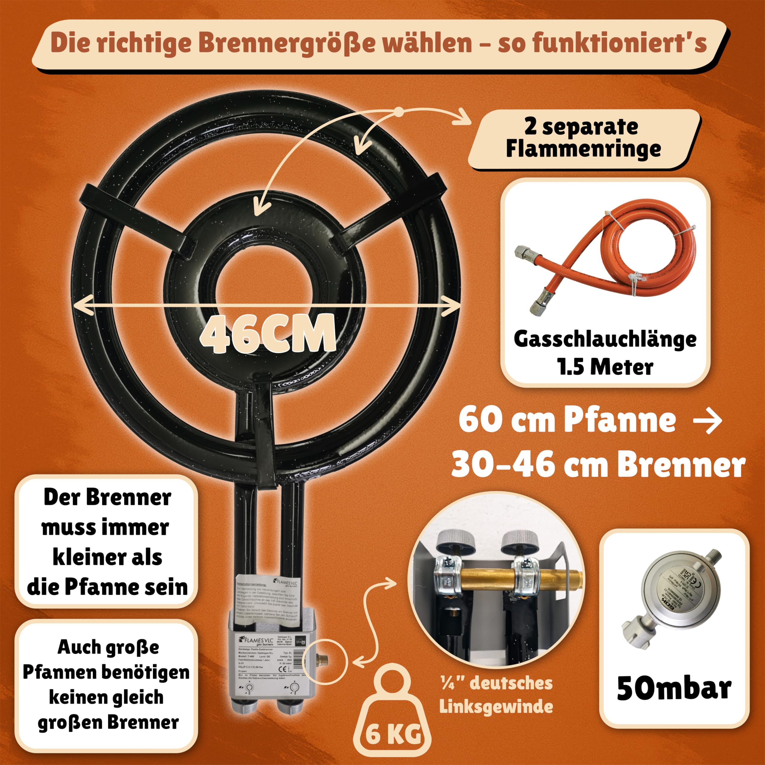 Gasbrenner 46cm mit Zubehör für Paellapfanne & Grill , 21,5 kW Leistung, energiesparendes Optim-System, Propan 50 mbar, präzise Flammenkontrolle, ideal für Outdoor & Gartenparty | 50 mbar Propananschluss, energiesparendes Optim-System, präzise Flammenrege