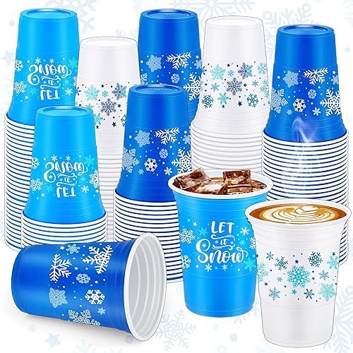 Copas de copo de nieve de 16 onzas, paquete de 60 vasos desechables para fiesta de congelado, taza de invierno para fiesta de Navidad, vasos azules