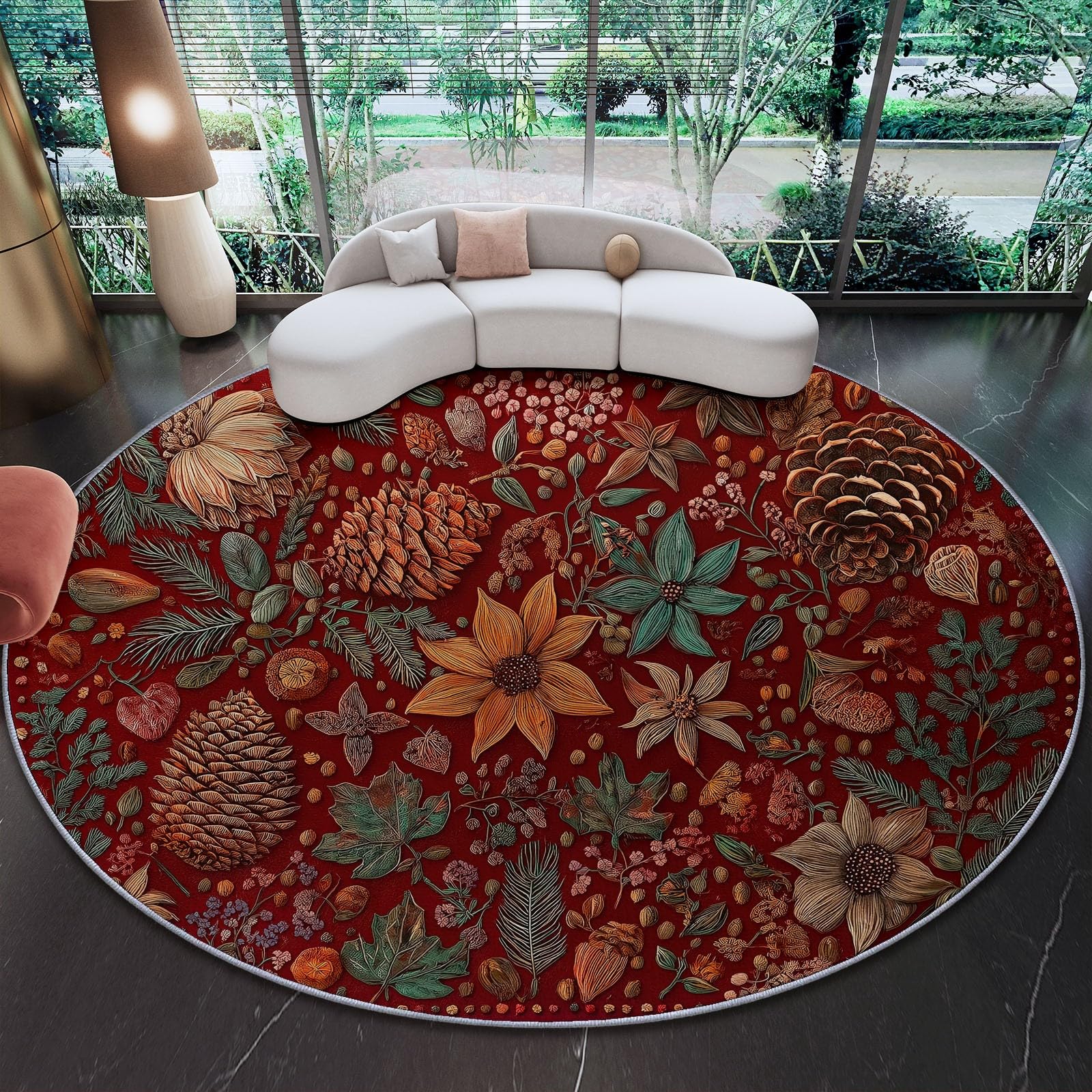 Tapis rond salon de 150 cm gris foncé à motif Noël et pommes de pin