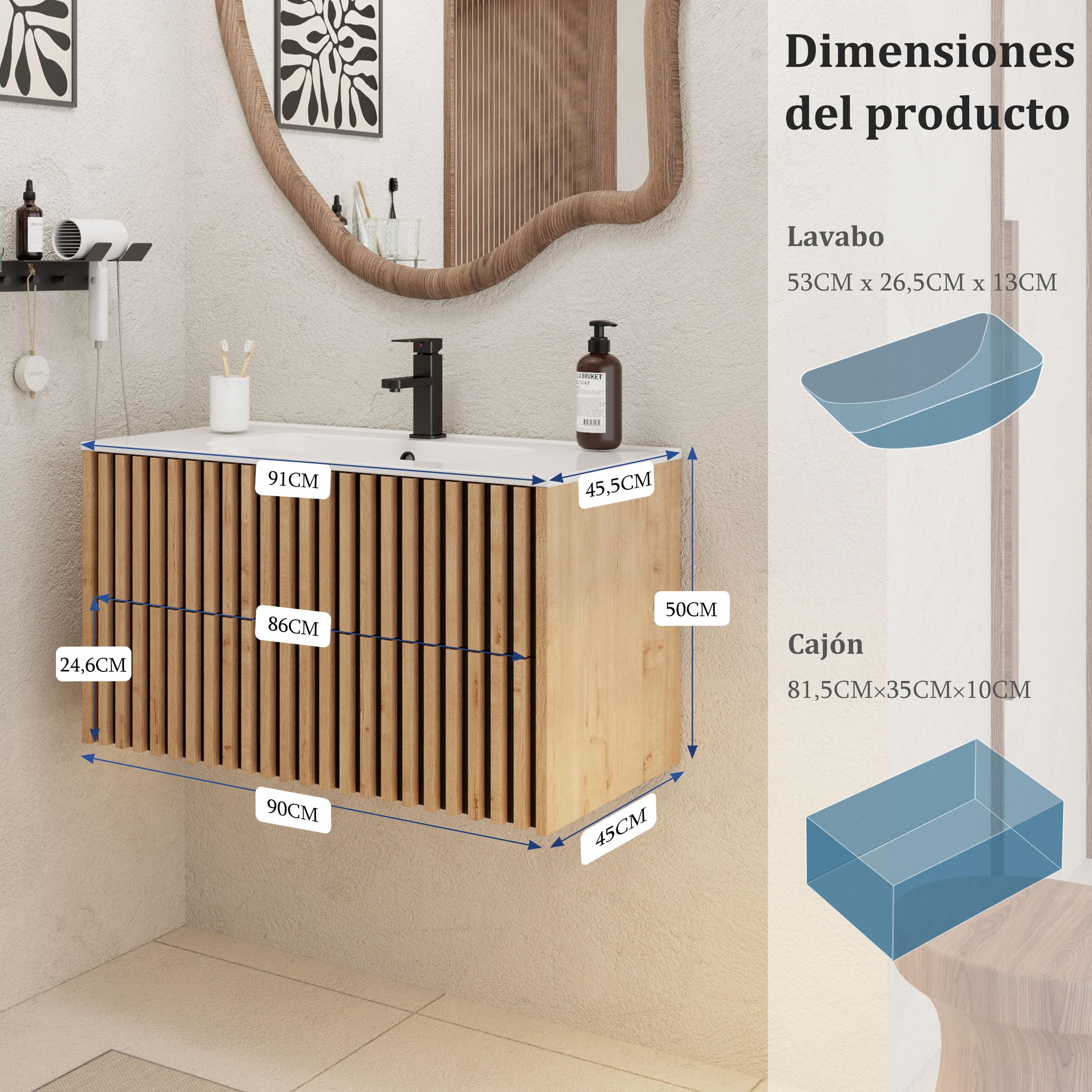 UEV 90CM Mueble de Baño Suspendido con Lavabo de Cerámica, Mueble Lavabo Incluido con 2 Cajones para Almacenaje, Moderno y Práctico, Natural