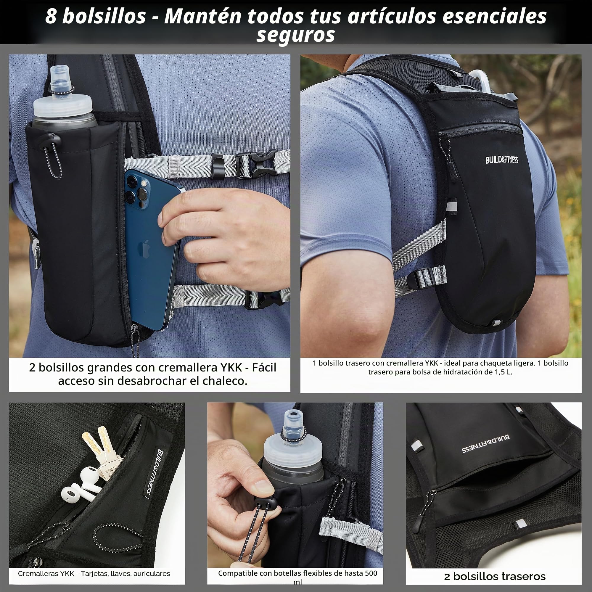 Chaleco de hidratación para Correr para Mujeres y Hombres. Reflectante, 7 Bolsillos, Secado rápido, Resistente al Agua, Mochila Ajustable para Correr