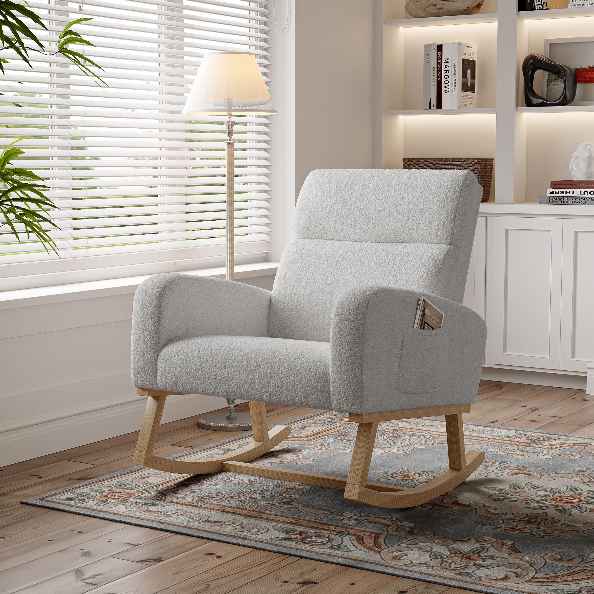 Mecedora para relajarse, sillón balancín, silla de lactancia, silla basculante con tejido de peluche y cojín lumbar y 2 bolsillos laterales, cómoda silla de lectura para salón (gris oscuro)