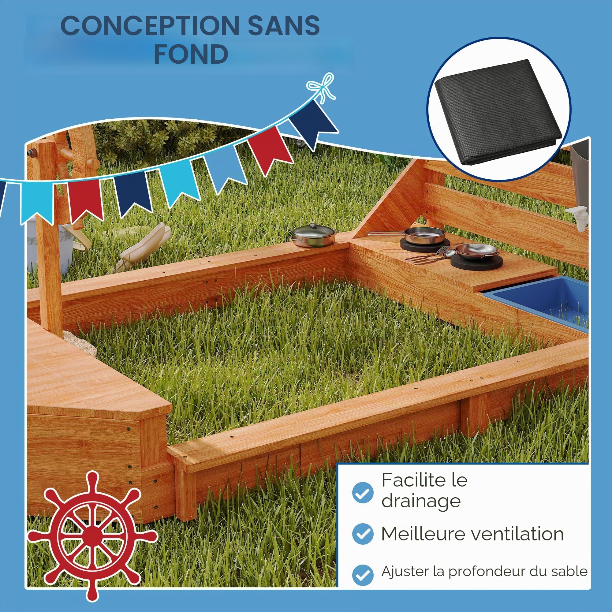 Outsunny Bac à Sable Enfants 180x103 cm avec Couvercle Bois Vert