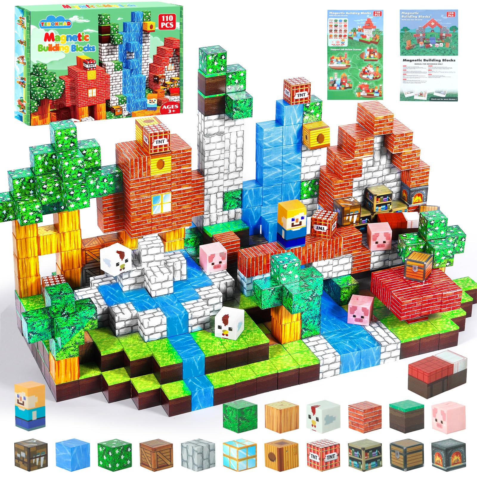 TEBOKHAD Bloques de construcción magnéticos, 110 piezas, bloques magnéticos, juguetes magnéticos, juguetes para niños, bloques magnéticos para niños a partir de 3 4 5 6 7 8 9 años - 1