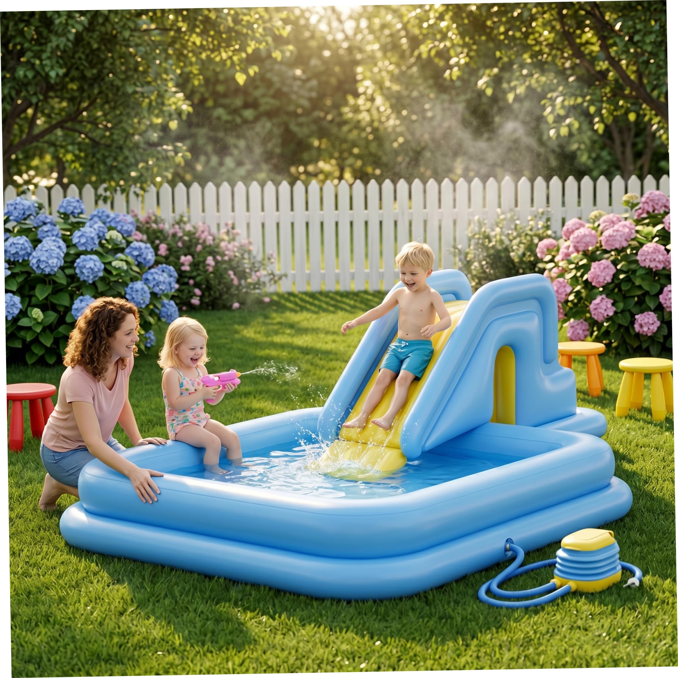 Toboggan de Piscine Gonflable, Toboggan de Piscine Bleu Clair avec Pompe à Pied - Installation et Stockage faciles l'eau Gonflable pour Le Plaisir intérieur et extérieur, la Natation