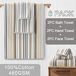 Ensemble de serviettes en coton 6, 6PC Serviettes rayées - 100% Coton & Séchage rapide - 2 Bain doux 28"x52", 2 Main absorbante 16"x27", 2 Léger linge de toilette 13"x13", serviette du corps Tan avec boucle suspendue, gris + Béige