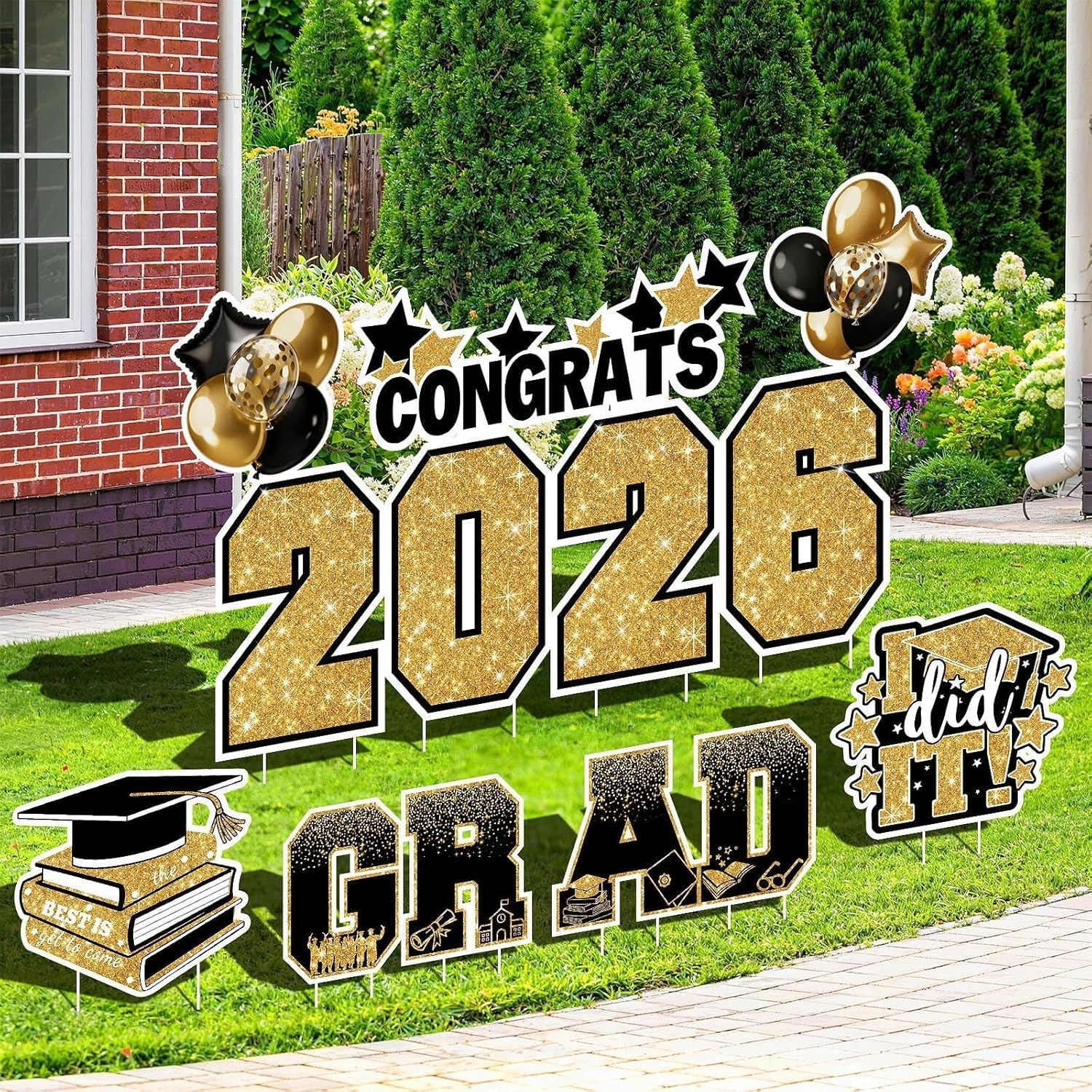 Graduation Yard Signs Class of 2026 Decorations, 11PCS Black Gold Congrats Grad 2026 Lawn Sign Large Yard Decor with Stakes for Outdoor Senior High School College Garden Prom Send Off Party Supplies