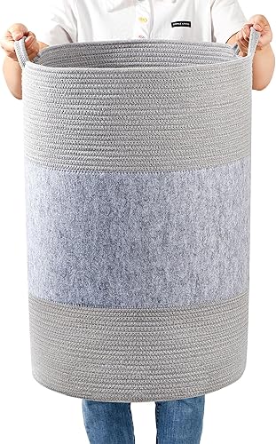 Miniatura 9 de Homlikelan Cesta de lavandería tejida jumbo de 90 L con cuerda de algodón y fieltro, cesta de lavandería de 17 x 17 x 24 pulgadas de alto para