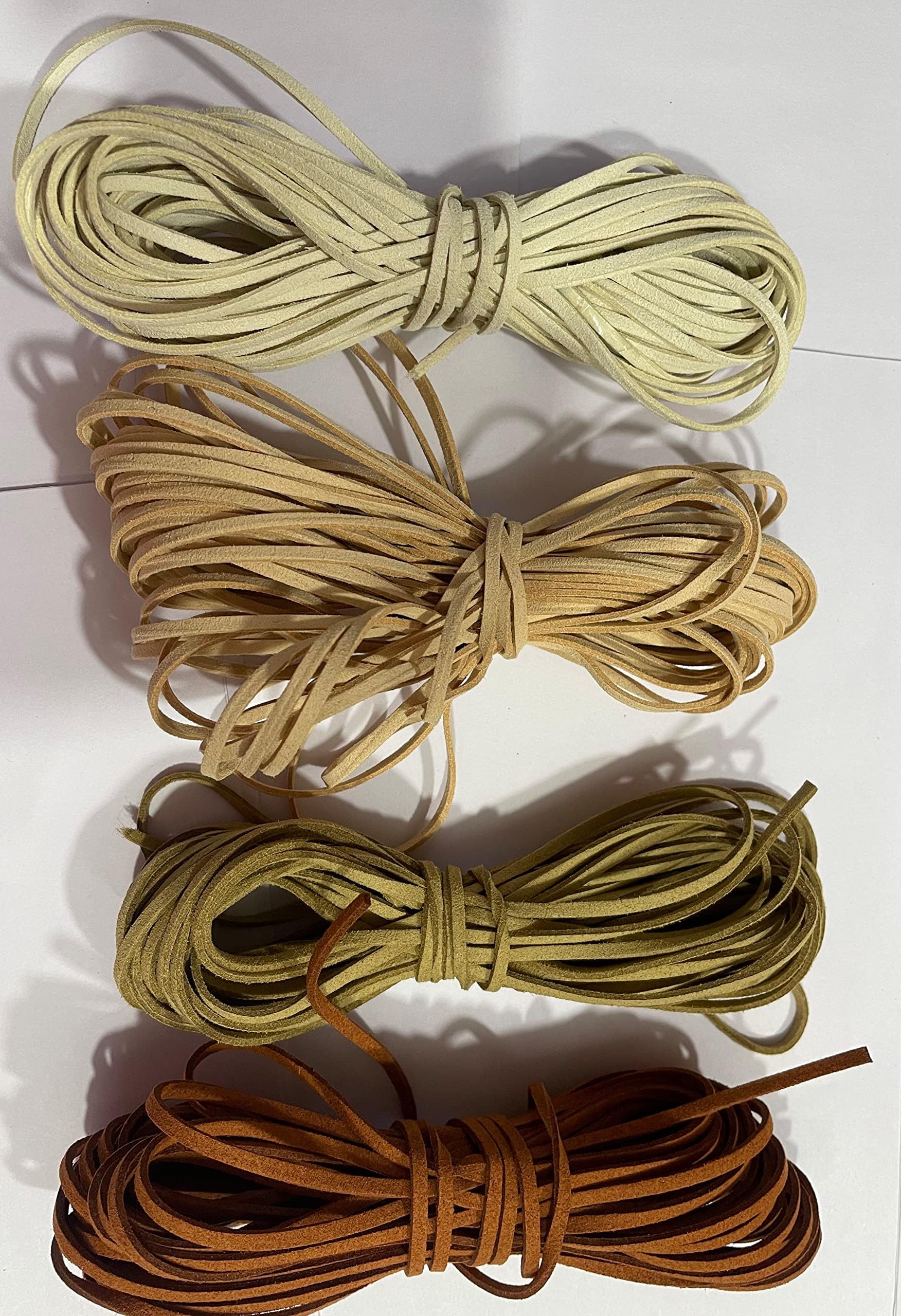 OMX Size - 3mm x1.4mm Faux Flat Suede Cord String Korean Leather Lace Beading Thread, 4 Colour Combo (2 Mtr Each Colour, Total 8 Mtr, Off White, Beige, Lt Beige, Brown)