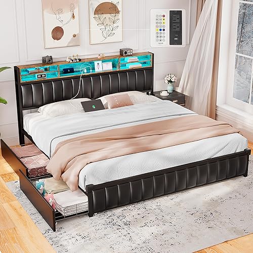 Alohappy Base de cama de tamaño matrimonial con cabecera de estantería y 4 cajones de almacenamiento, marco de cama de plataforma de metal, listones