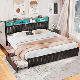 King Size Bed Frame with 4 Storage Drawers and Bookcase Headboard, LED U...
