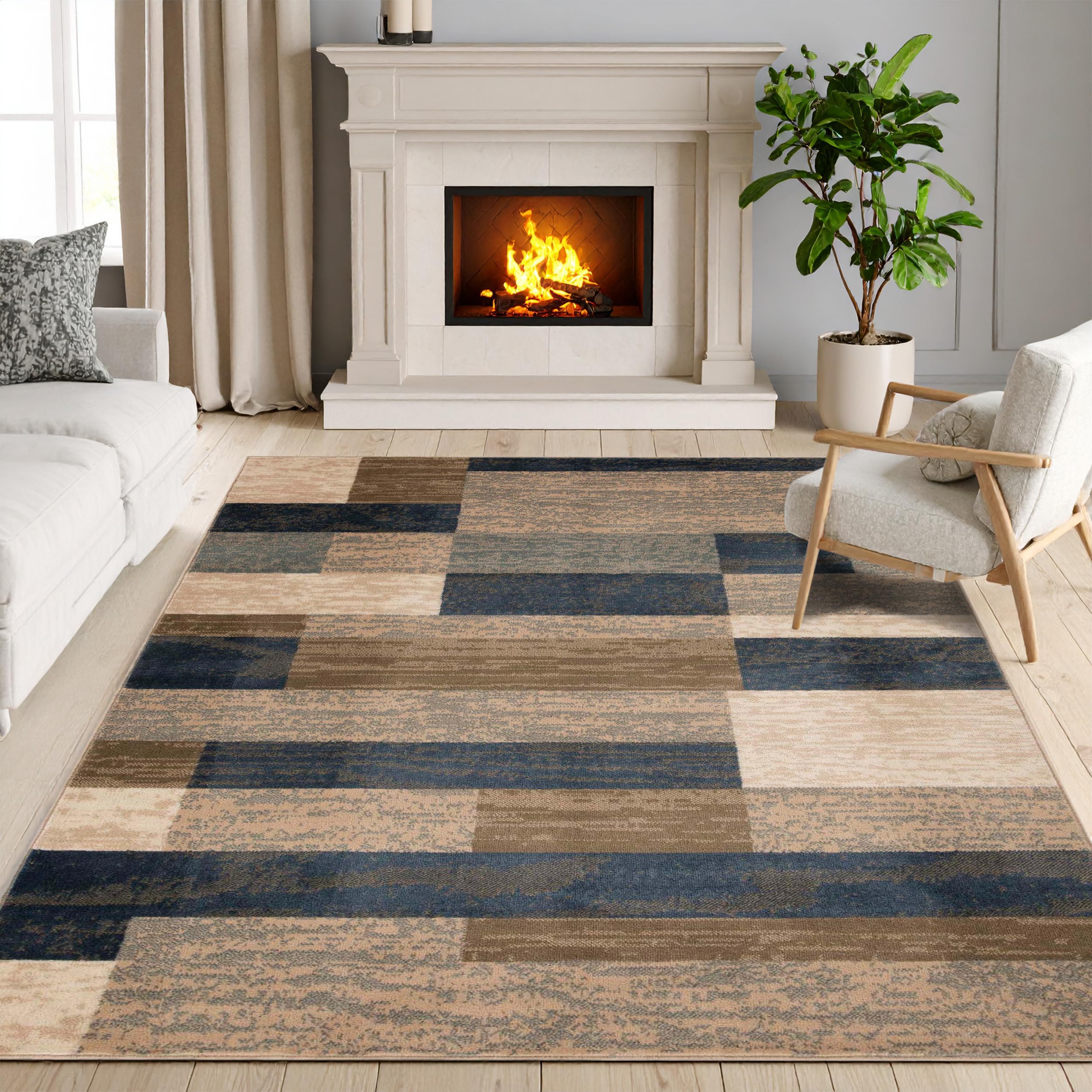 superior indoor area rug, jute backing, plush modern rugs for entryway, kitchen floors, office floor cover, color block rugs, rockwood collection, 5' x 8', midnight navy