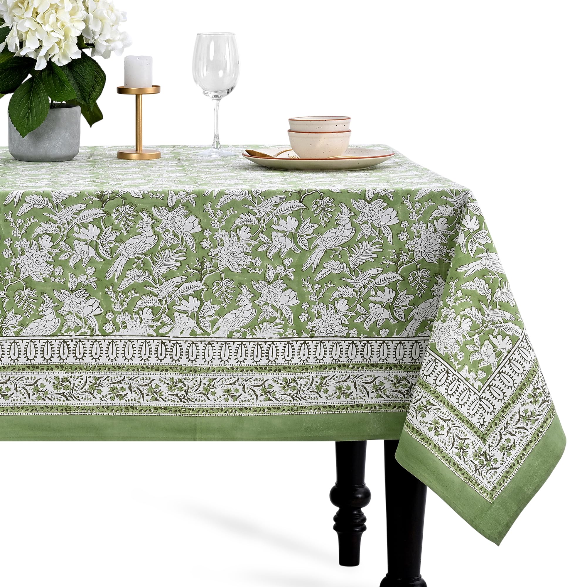 CPC Olive Green Block Print 100% Cotton Rectangle Tablecloth 60x102 Inch
