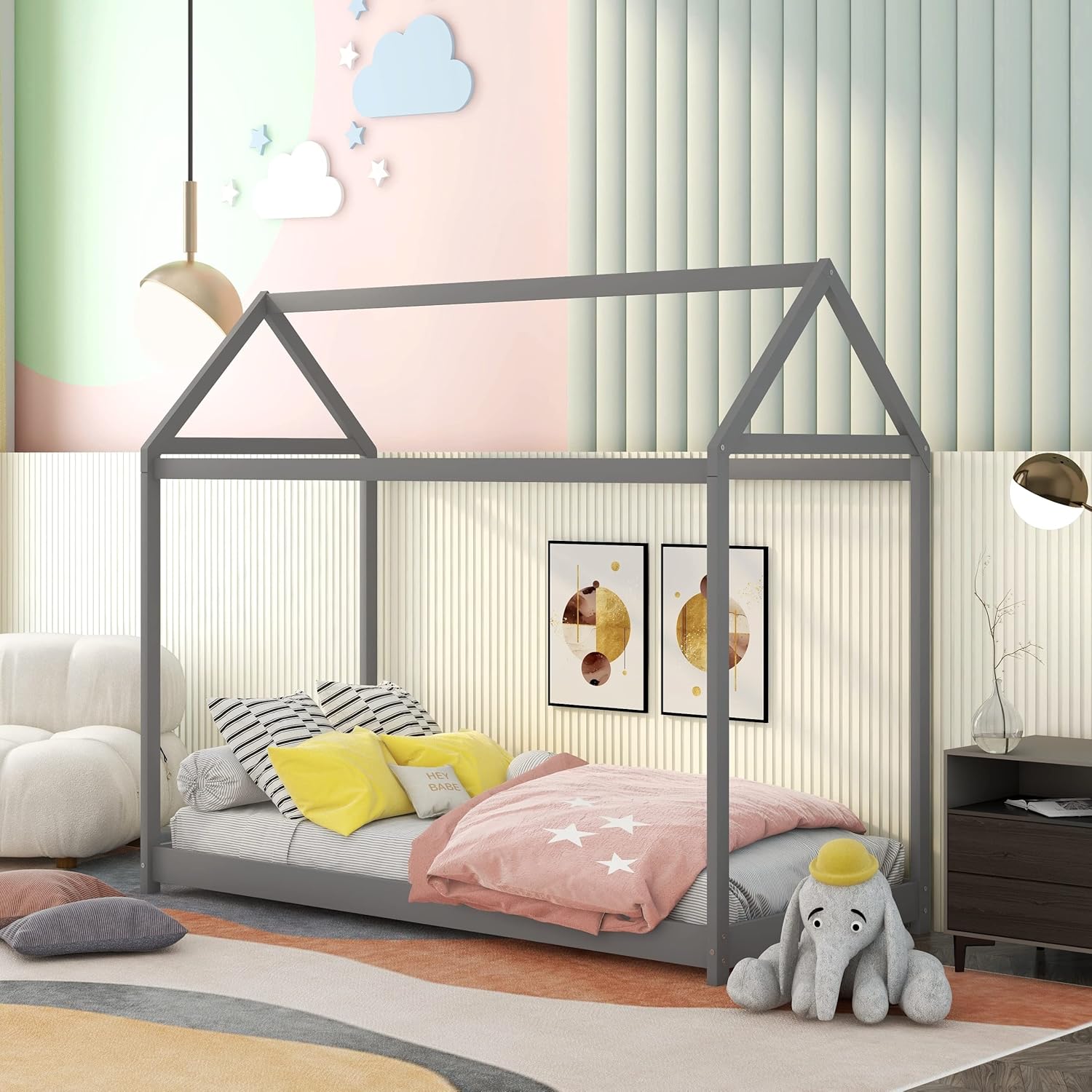 Harper & Bright Designs Twin House Floor Bed for Kids, Wooden Twin Montessori Bed Frame,Kids Twin Bed Frames for Baby Girls, Boys(Twin,Grey)