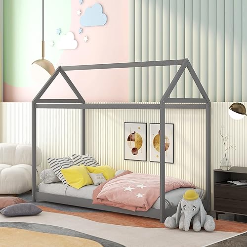 Harper & Bright Designs Twin House Floor Bed for Kids, Wooden Twin Montessori Bed Frame,Kids Twin Bed Frames for Baby Girls, Boys(Twin,Grey)