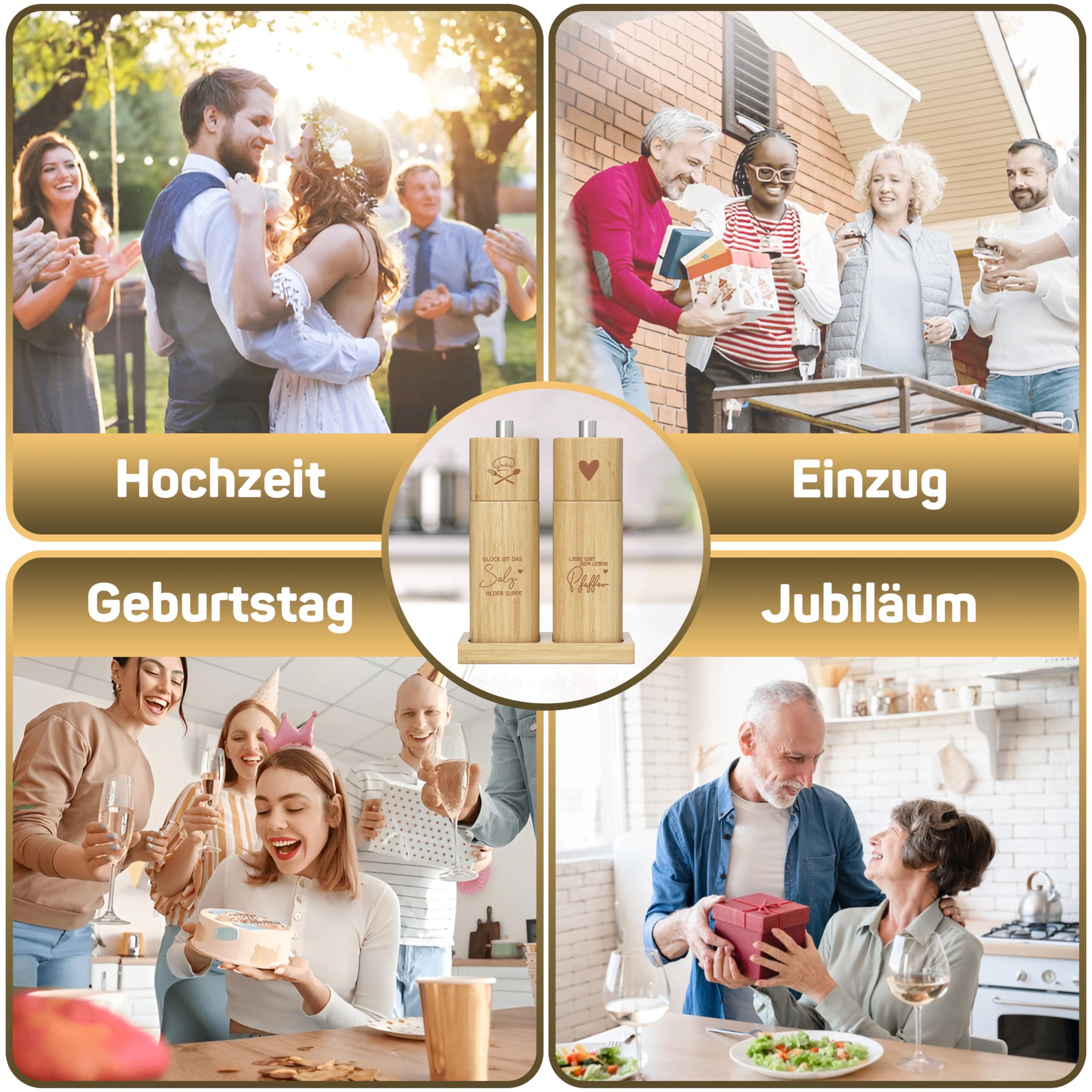 ELBFUCHS® Salz und Pfeffermühle Holz Groß [PERFEKTE GESCHENKIDEE] Liebevolles 2-er Set Pfeffer und Salzmühle mit Keramikmahlwerk | Ideal für Hölzerne Hochzeit Geschenk Einzug, Polterabend