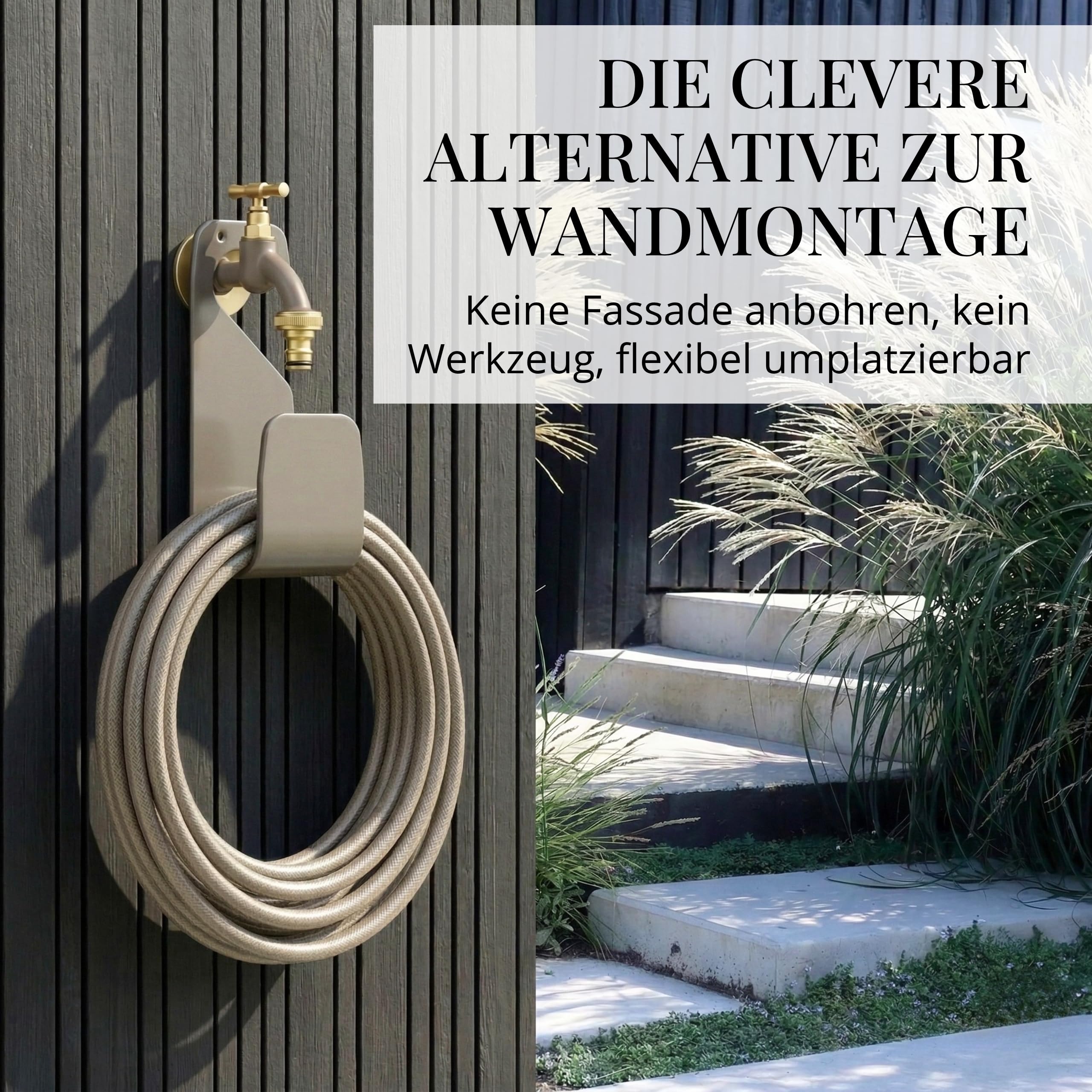 Livlig53 LIVLIG Gartenschlauch Halterung ohne Bohren, Schlauchhaken aus Metall, Schlauchhalter Wand/Wandschlauchhalter für bis zu 10 m Gartenschlauch oder 20 m Flexschlauch, Made in Italy, Beige