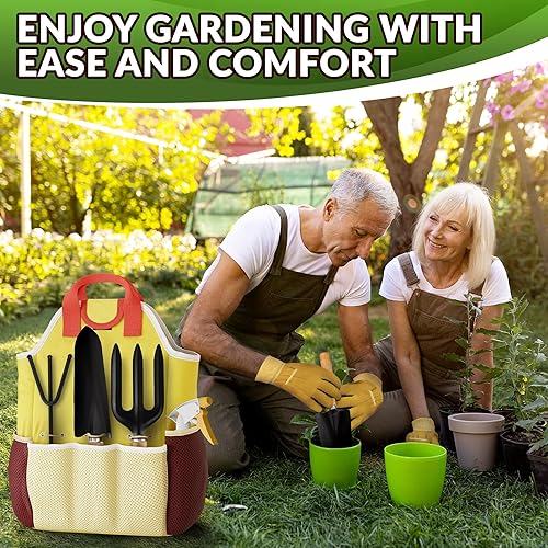 Miniatura 8 de Garden Tools - Juego de 9 herramientas de jardinería de acero inoxidable con asas de madera maciza, bolsa portátil multibolsillo y guantes