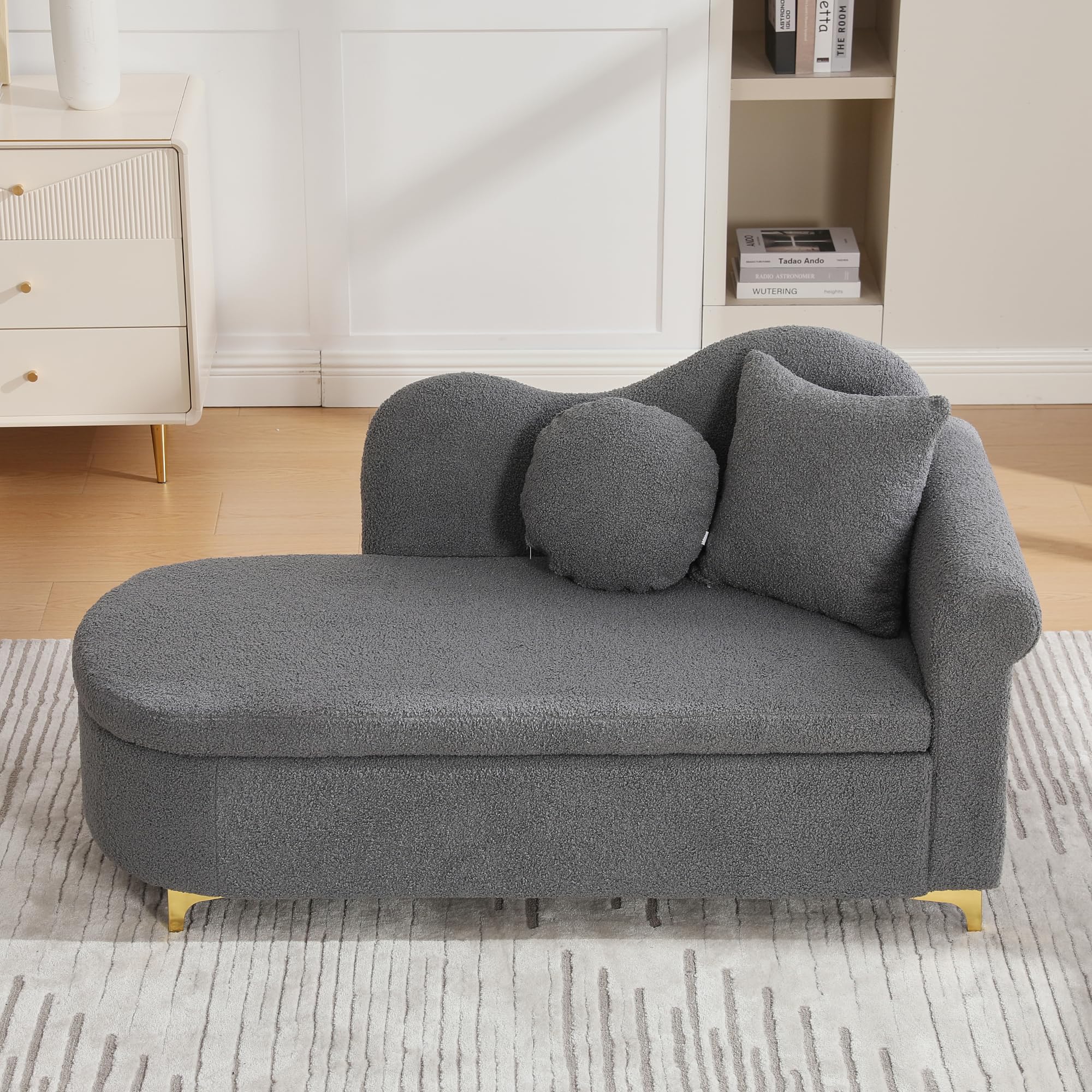 Merax Chaiselongue mit Stauraum, 134 cm Liege mit wellenförmiger Rückenlehne & Boucle-Stoff, hochdichter Schaumstoff, inkl. Lenden- & Nackenkissen, Retro-Look mit Massivholzrahmen, Grau