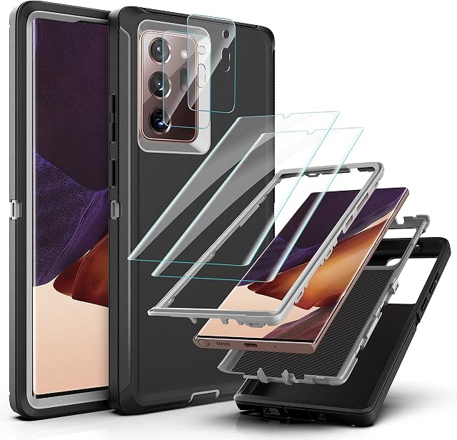 YmhxcY for Galaxy Note 20 Ultra Case with Self Healing Flexible TPU Film[2 Pack] and Camera Lens Screen Protective Film[2 Pack],Heavy Protection Cover For Samsung Note 20 Ultra-Black/Grey