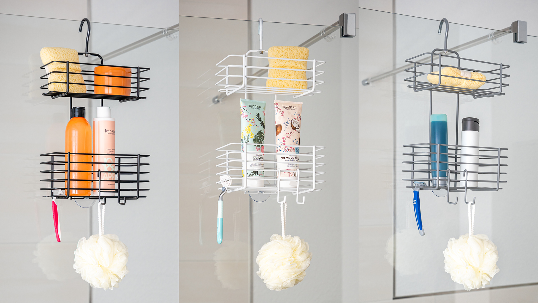 bremermann Scaffale doccia con 2 cestelli, ripiano per cabina doccia in vetro, cestello con ganci per appendere - perfetto organizer in metallo (Bianco